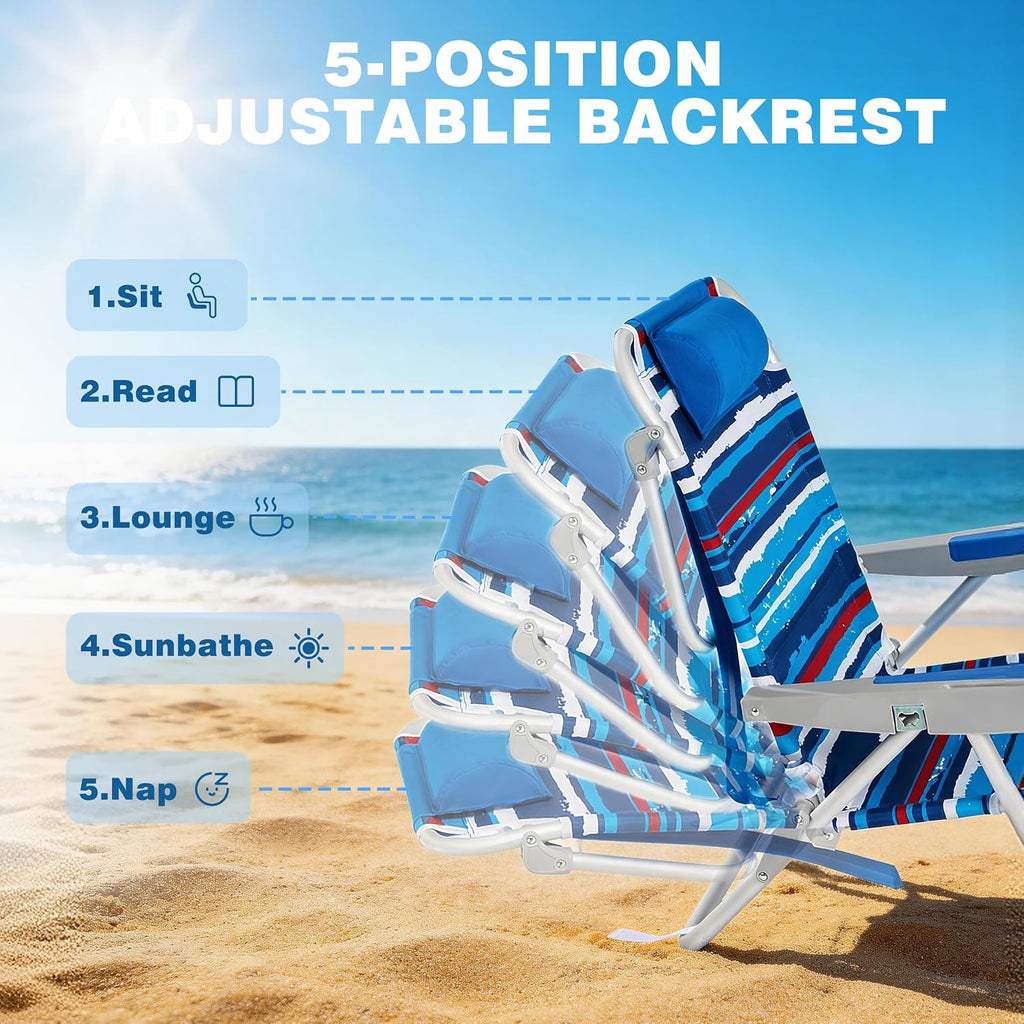 SUNNYFEEL Extra Wide Low Beach Chair 2 Pack 5 Position Lay Flat 500 LBS Heavy Duty, XL Oversized Folding Camping Chairs with Cup Holder for Outdoor/Sand, Portable Backpack Beach Chair for Adults