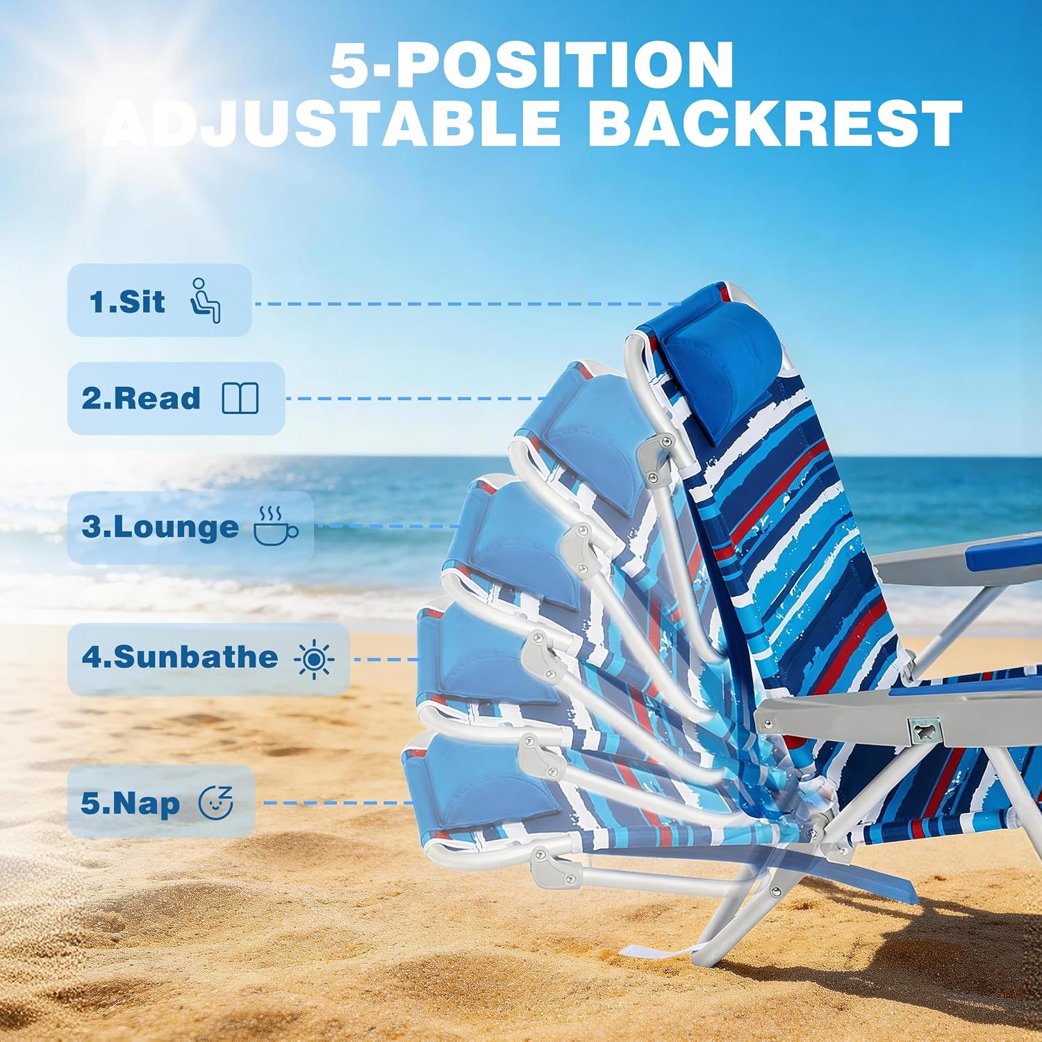 SUNNYFEEL Extra Wide Low Beach Chair 2 Pack 5 Position Lay Flat 500 LBS Heavy Duty, XL Oversized Folding Camping Chairs with Cup Holder for Outdoor/Sand, Portable Backpack Beach Chair for Adults