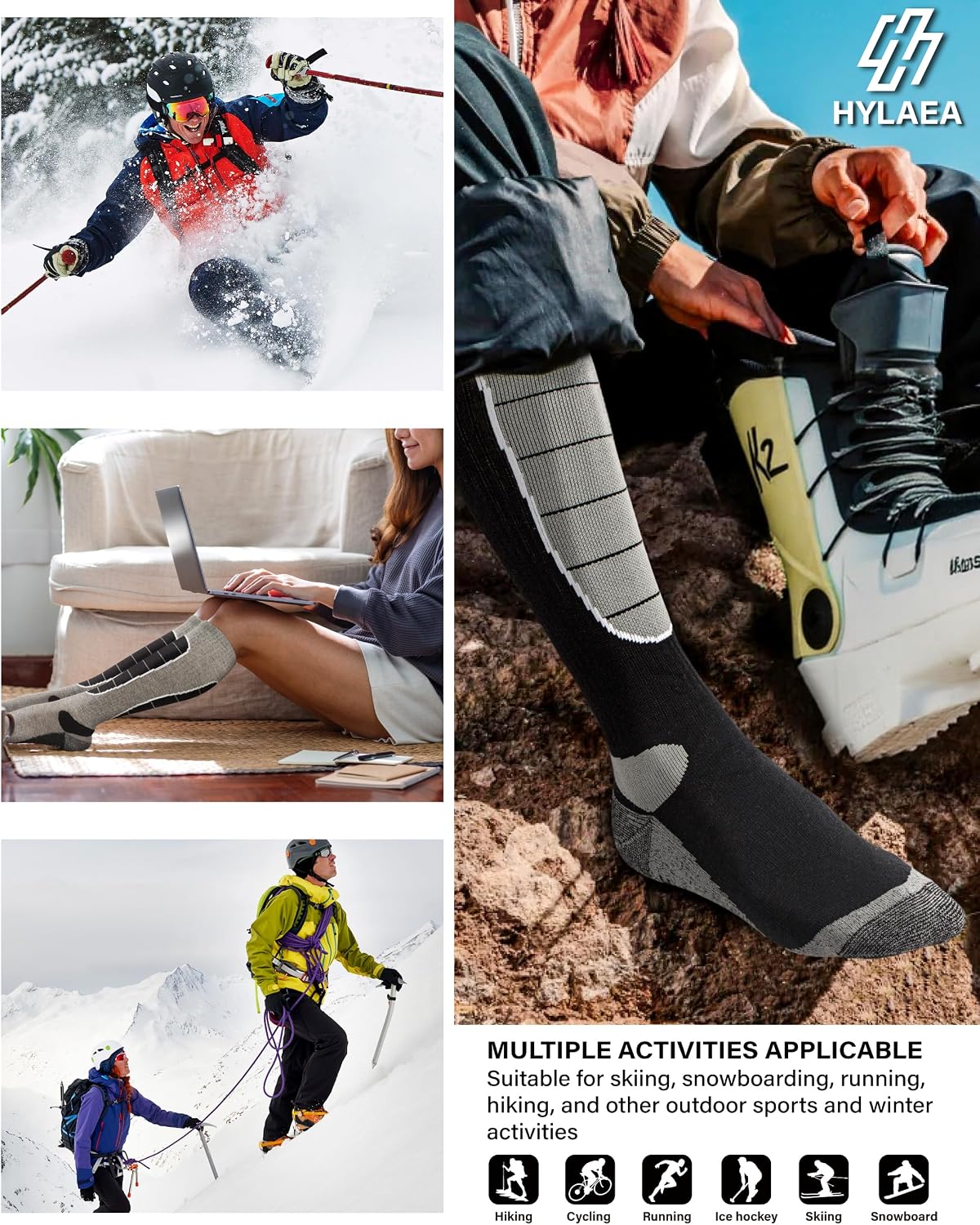 Hylaea Unisex Knee High Merino Wool Ski Snowboard Socks, Cushioning & Warm