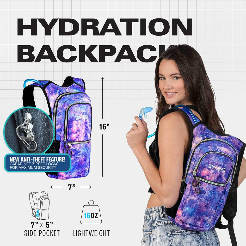 Sojourner Hydration Pack, Hydration Backpack - Water Backpack with 2l Hydration Bladder, Festival Essential - Rave Hydration Pack Hydropack Hydro for Hiking, Running, Biking, Festival Gear