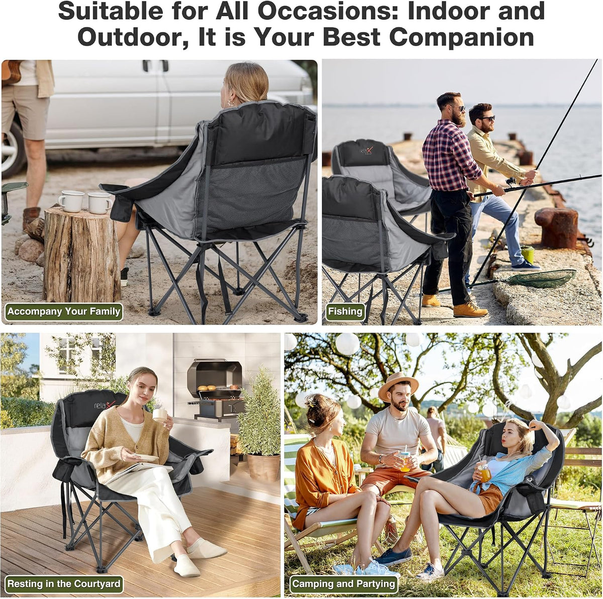 Oversized Camping Chairs with Cup Holder 500LBS, Black