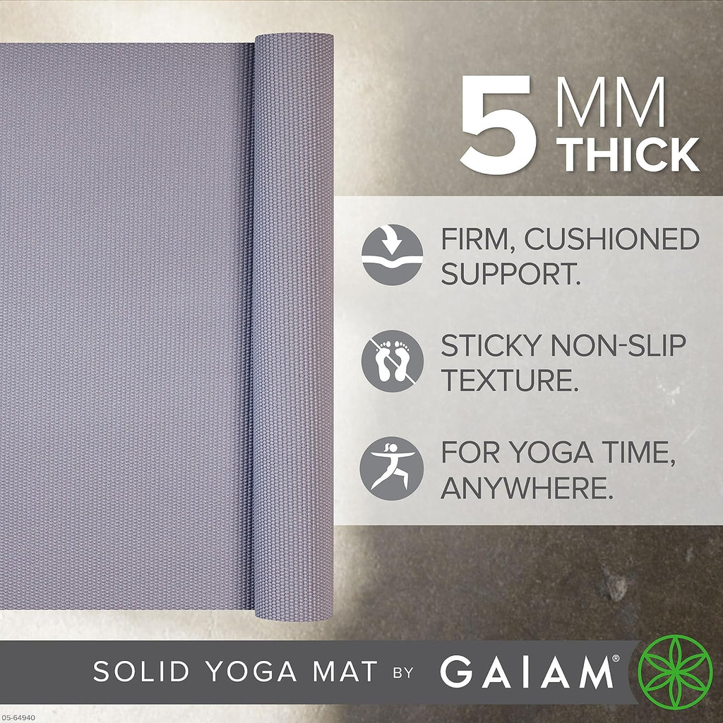 Gaiam Yoga Mat - Premium 5mm Solid Thick Non Slip Exercise & Fitness Mat for All Types of Yoga, Pilates & Floor Workouts (68" x 24" x 5mm)