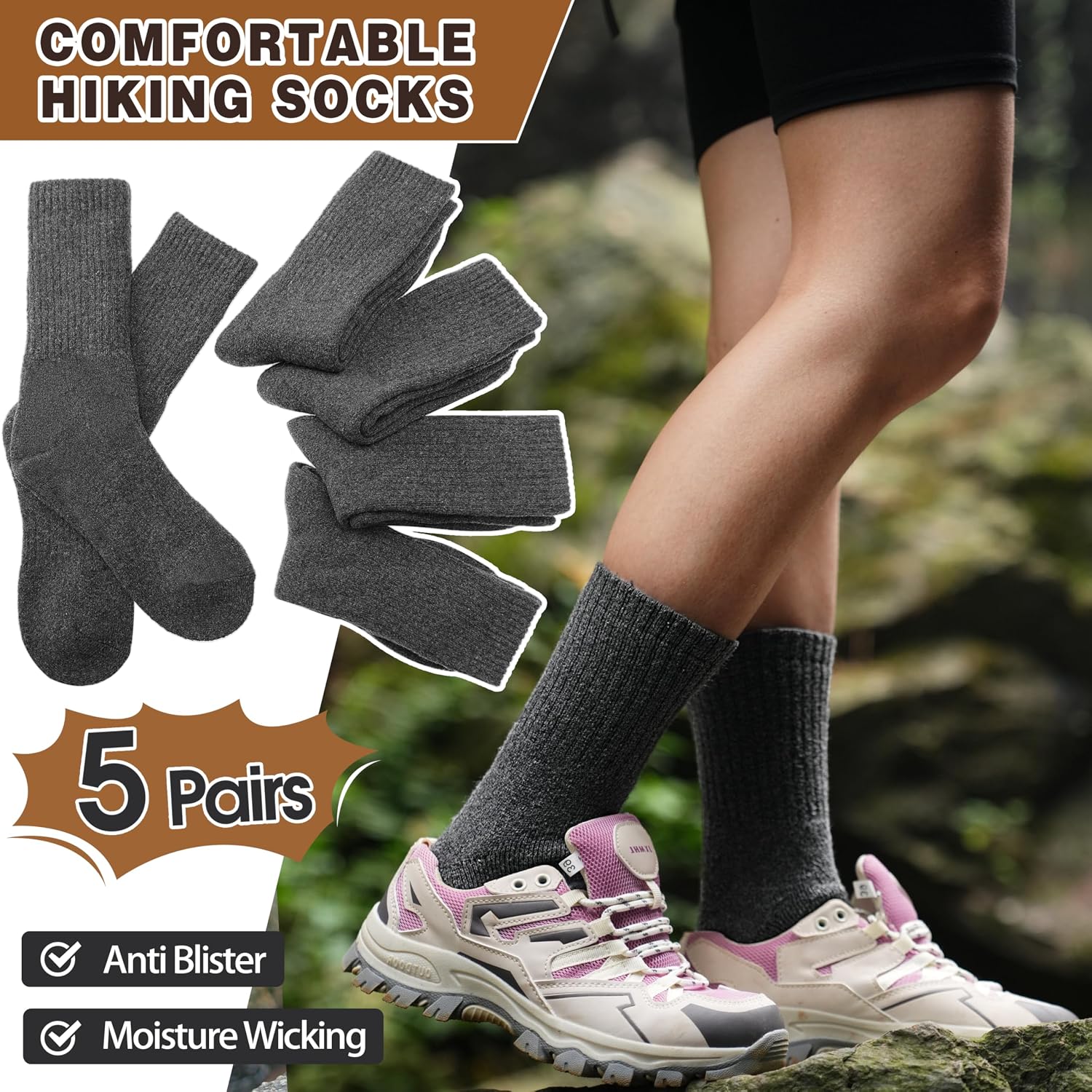 MOGGEI 5 Pairs Womens Merino Wool Socks Hiking Warm Winter Thick Thermal Crew Cozy Cabin Ladies Gift Comfy Boot Work Socks