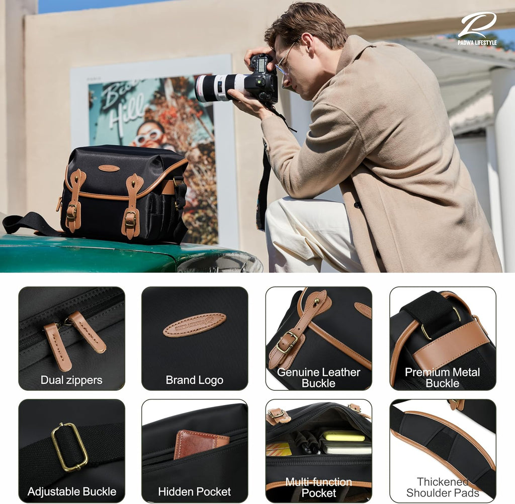 Padwa Lifestyle Black Sling Camera Bag - Waterproof Nylon Crossbody Photography Bags with Thick Shell,Fleece Compartments & Wide Padded Strap,Safety Protection for Photographers Camera,Lens & Drone