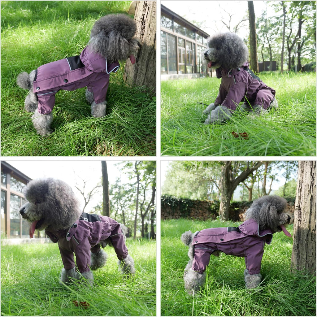 LOVELONGLONG Waterproof Dog Raincoat with Removable Hood – Outdoor Full Body Dog Jacket, Windproof Snowproof Shell Suit – All Season Pet Rain Gear Plum Purple 3XL