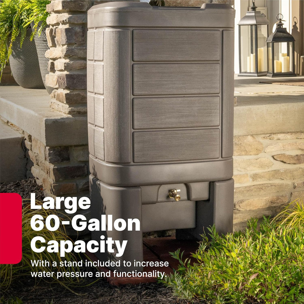 Step2 Lakewood Rain Barrel with Stand, Outdoor Water Conservation Container, Holds 60 Gallons, Brown