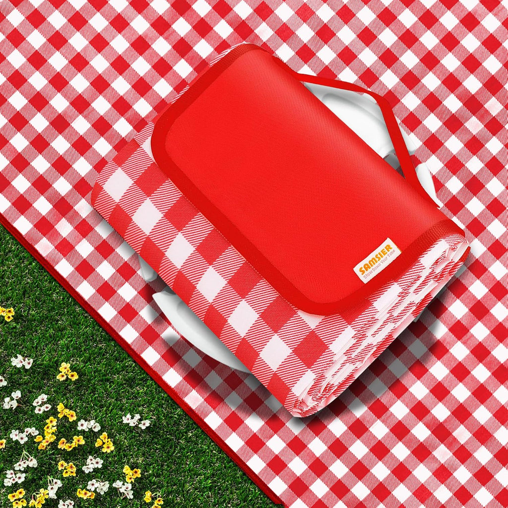 SAMSIER Outdoor Picnic Blankets Waterproof Foldable Sandproof, Extra Large Gingham Cute Picnic Mat Washable Portable for Park Beach Camping Courtyard (Red, 80"×80")