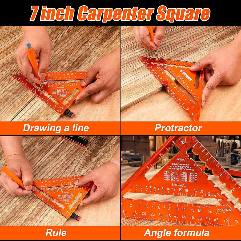 4Pcs Woodworking Tools -7''Aluminum Rafter Square,12''Adjustable Protractor Angle Finder,10'Woodworking Square Ruler and T-Bevel Gauge-1/16 Precision…