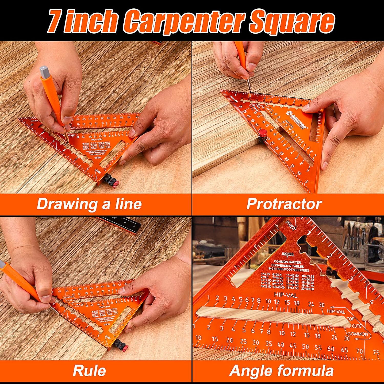 4Pcs Woodworking Tools -7''Aluminum Rafter Square,12''Adjustable Protractor Angle Finder,10'Woodworking Square Ruler and T-Bevel Gauge-1/16 Precision…