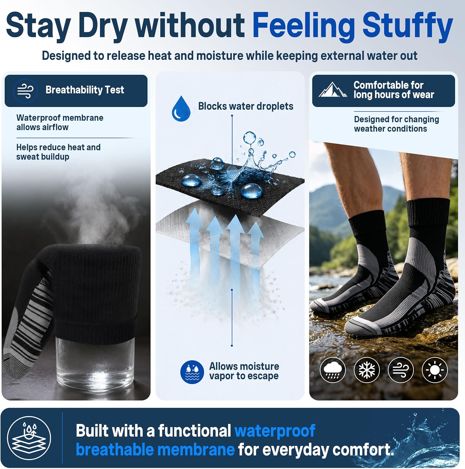 RANDY SUN Waterproof Breathable Socks, [SGS Certified] Unisex Skiing Trekking Hiking Wading Trail Socks