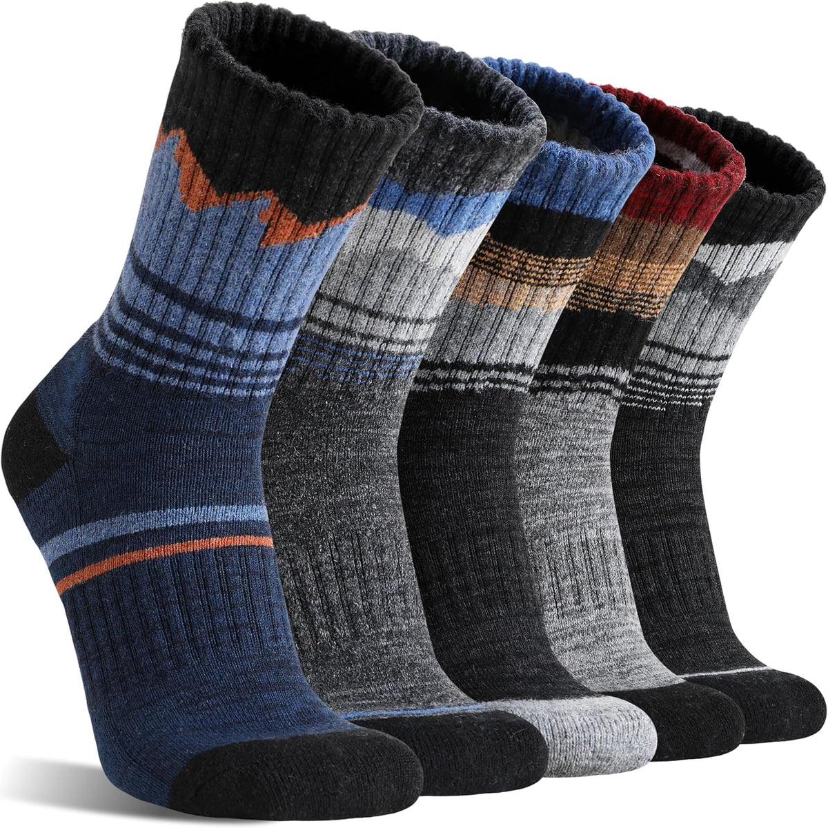 Sandsuced Merino Wool Hiking Warm Socks Thermal Winter Cozy Crew Socks with Cushioned Sole & Moisture Wicking 5 Pairs for Men