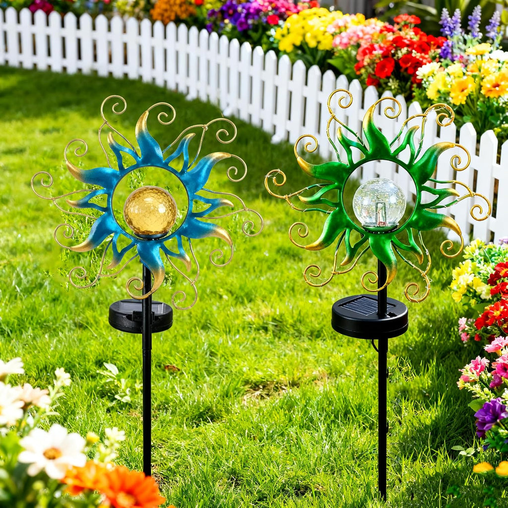 Solar Lights Outdoor Garden Decor, Blue Metal Sun Crackle Glass Globe Stake Waterproof 30LED Decorations Unique Gifts for Women,Mom,Outside, Patio,Lawn,Yard,Pathway