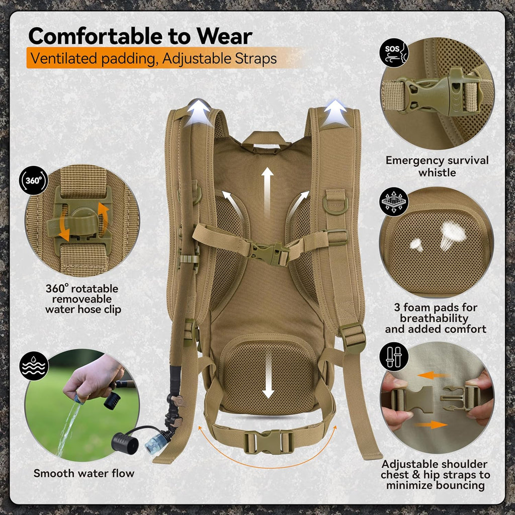 MARCHWAY Tactical Molle Hydration Pack with 2.5L TPU Water Bladder, Low-Profile Organized Military Backpack for Hiking, Cycling, Backpacking, Hunting, Running