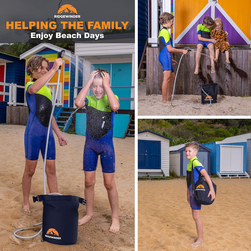 Ridgewinder Portable Shower for Camping with Dry Bag - Camp Shower with Rechargeable Battery and Included 10L Dry Bag for Water Storage. Complete Camping Shower in a Bag (+Sprayer Attachment).