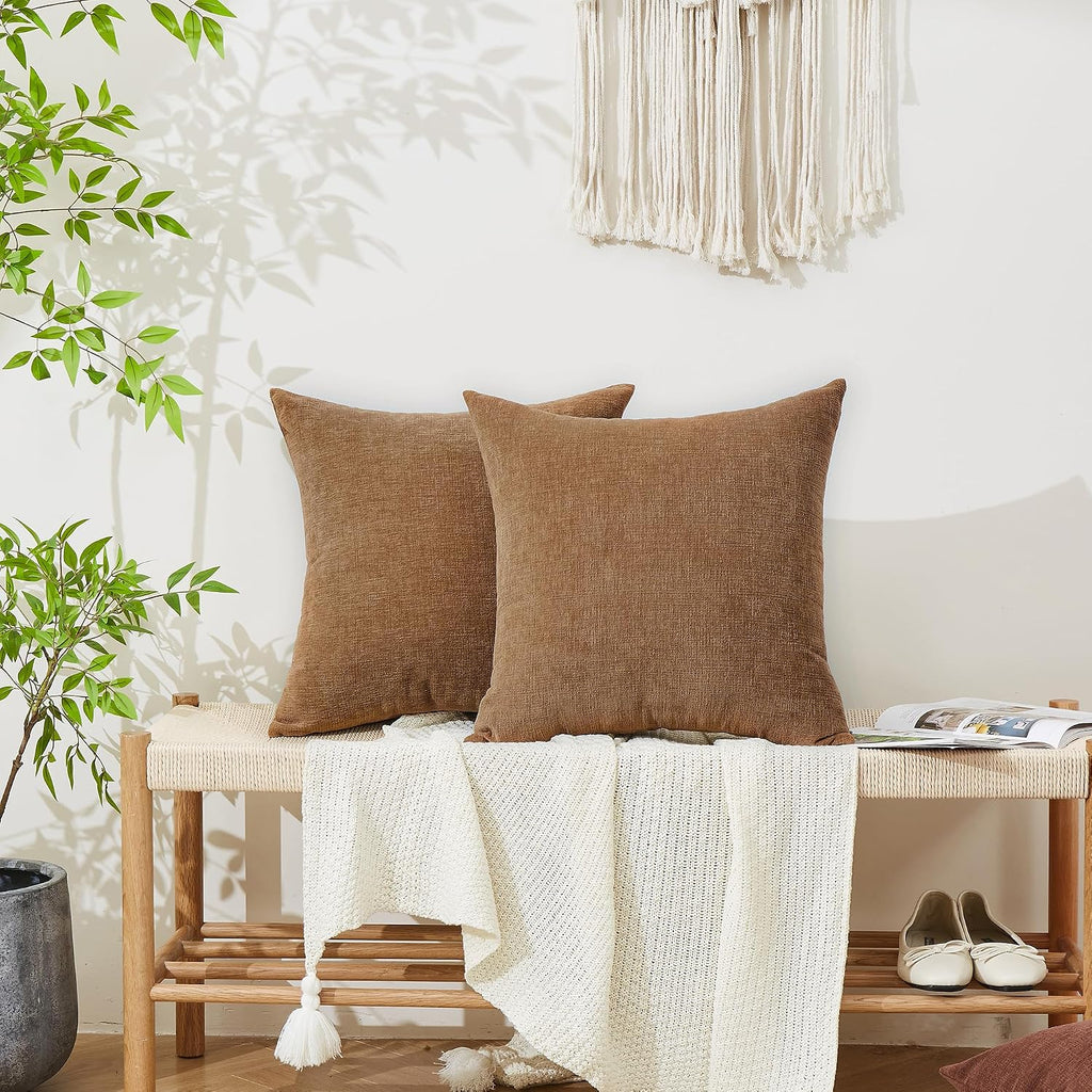 GAWAMAY Decorative Square Throw Pillow Covers 18"x18" Inch Set of 2, Super Soft Chenille Pillows Cover Fall Pillowcase for Living Room Bedroom Sofa Couch Cushion Cover Brown 45x45cm (No Inserts)
