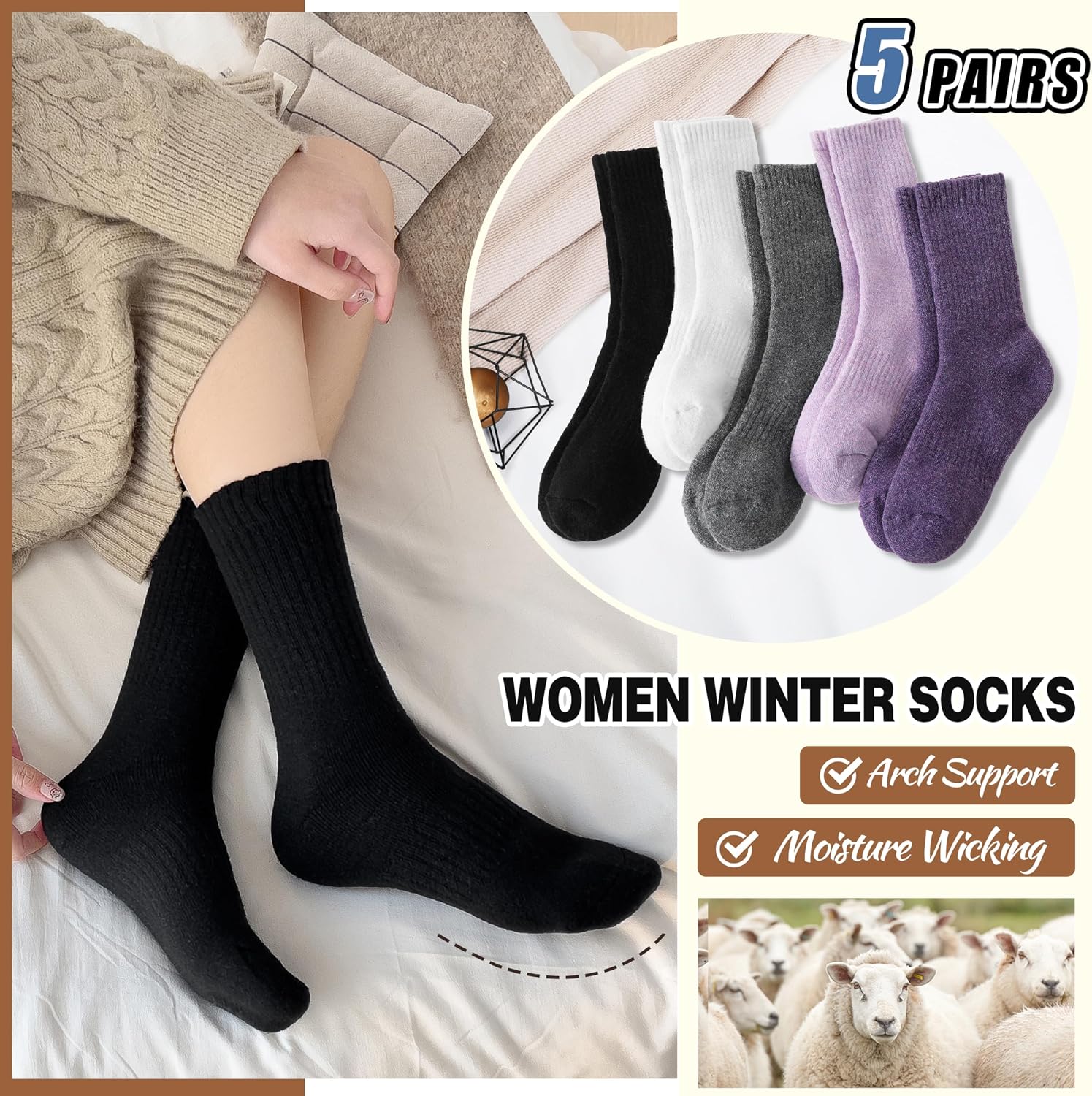 EBMORE 5 Pairs Women Merino Wool Boot Socks Warm Thermal Winter Thick Hiking Cozy Cabin Crew Comfy Socks for Ladies