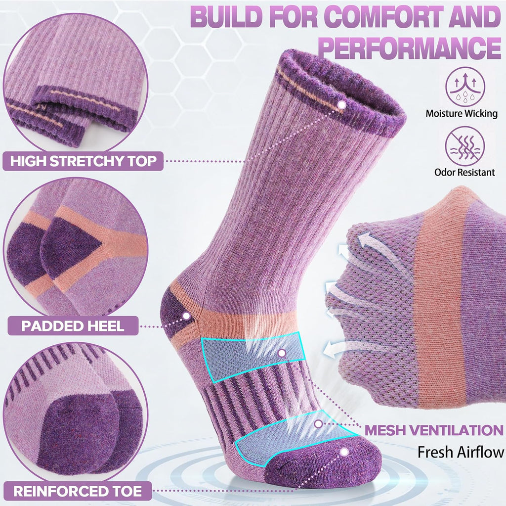 MOGGEI 5 Pairs Merino Wool Hiking Socks Warm Thermal Winter Cozy Cushioned Moisture Wicking Socks for Women & Men