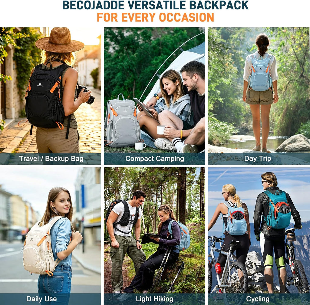 BECOJADDE 20L Hiking Backpack Lightweight Travel Backpacks Water-Resistant Daypack Fits Cycling Helmets for Men Women for Daily Outdoor Camping, Black