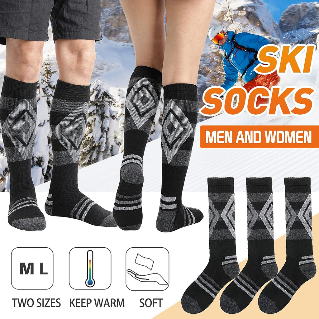Welwoos 3 Pairs Merino Wool Ski Socks for Womens Mens Thermal Winter Warm Thick Knee High Socks for Skiing Snowboarding