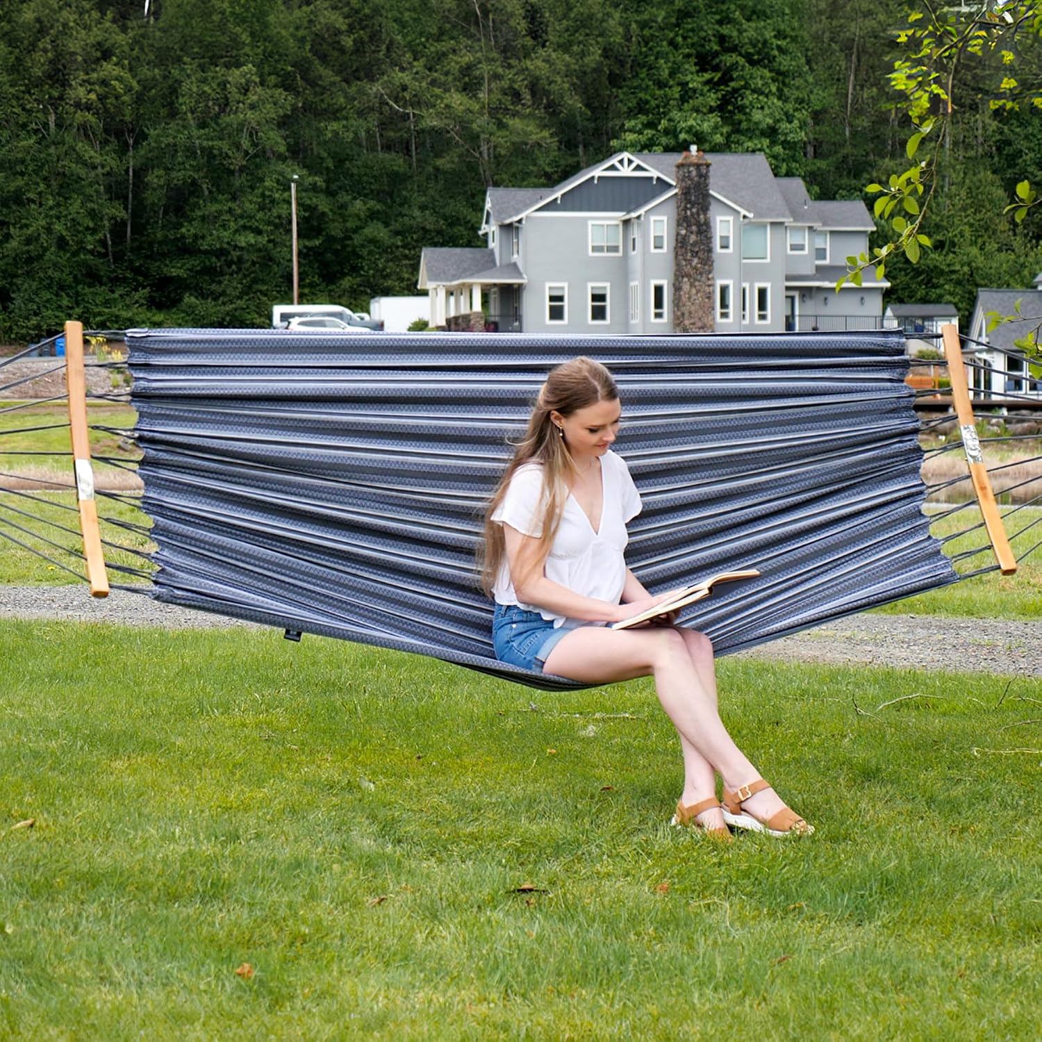 SUNCREAT Hammocks Double Hammock with Curved Spreader Bar, Dark Gray