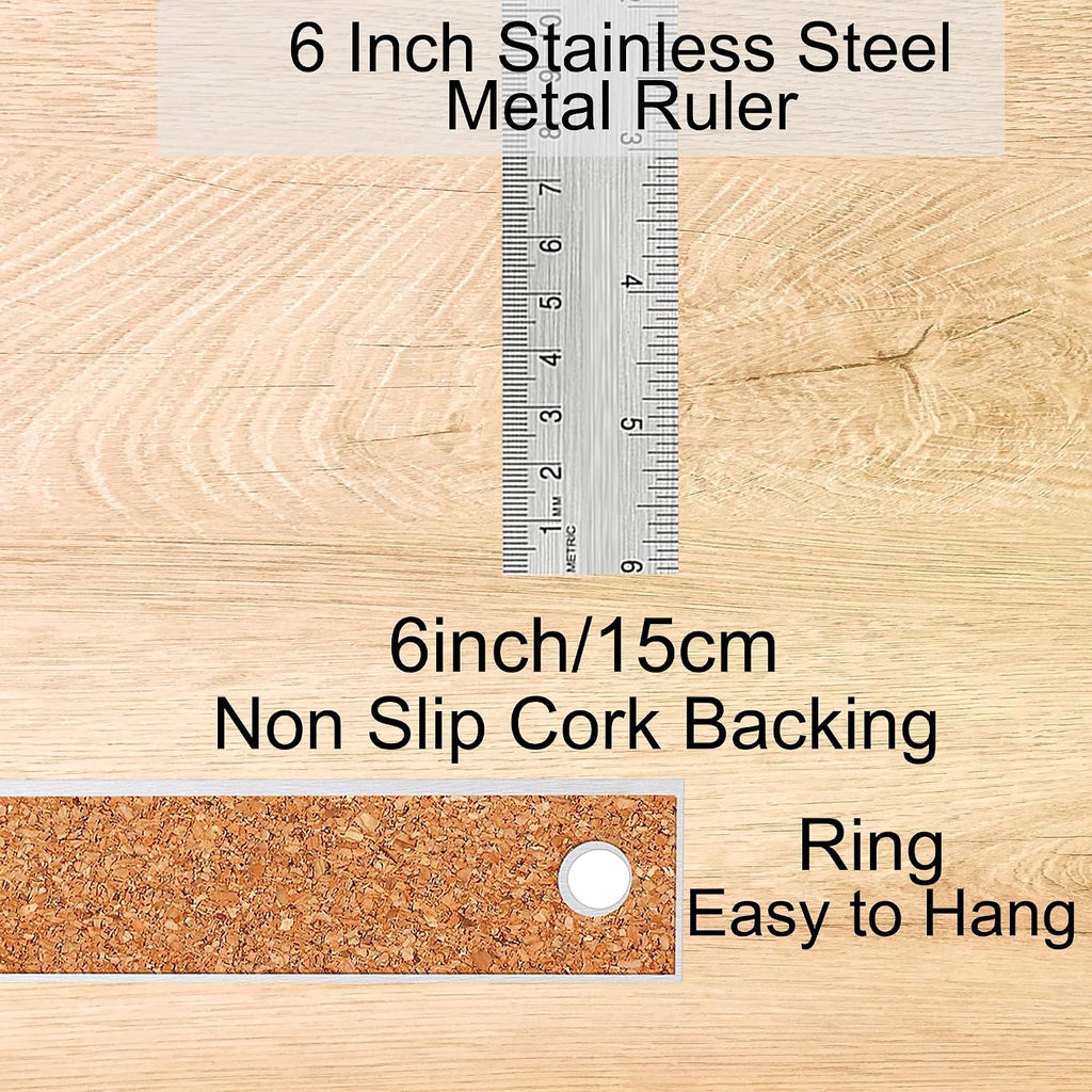 Metal Ruler 6 Inch, Non-Slip Cork Backing, Ink Bleed-Resistant Edge, 2 Pcs