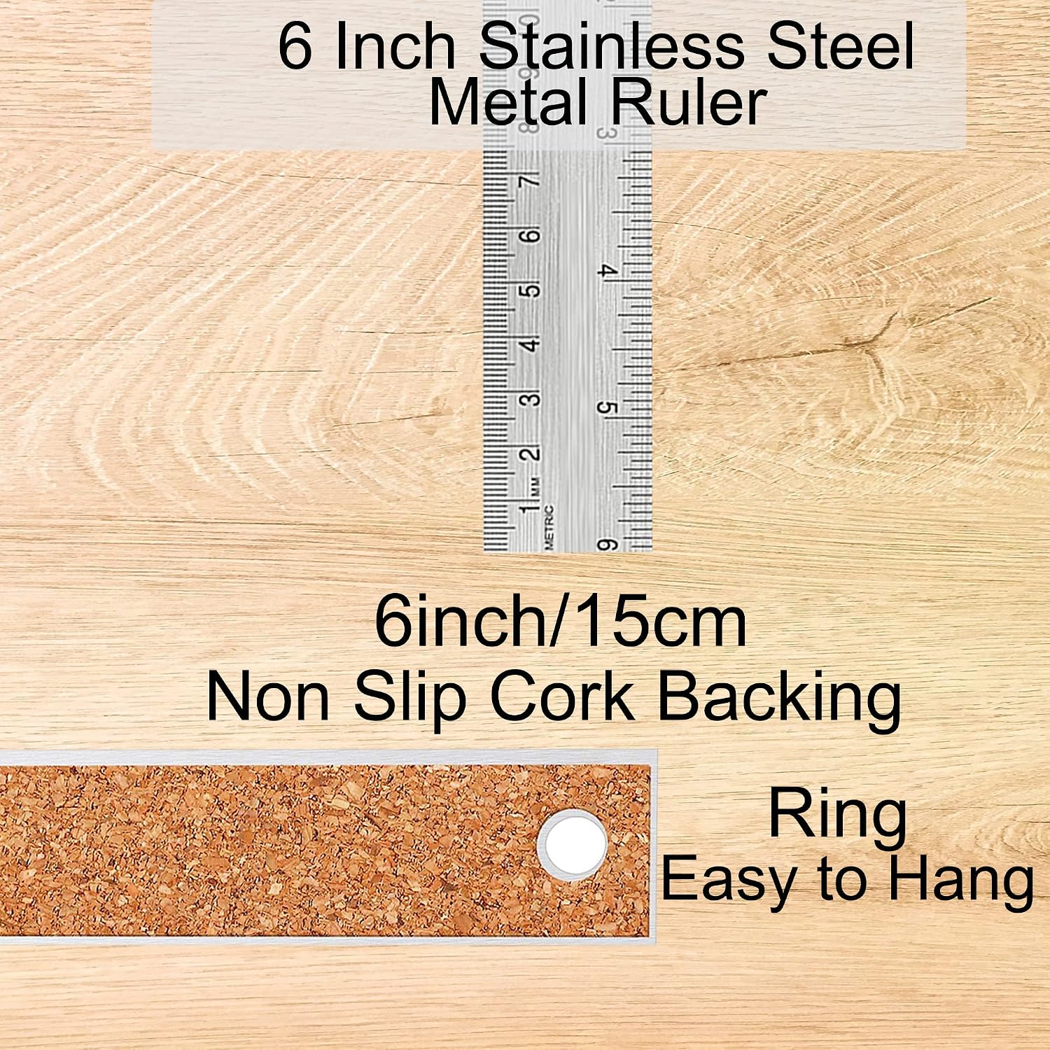 Metal Ruler 6 Inch, Non-Slip Cork Backing, Ink Bleed-Resistant Edge, 2 Pcs