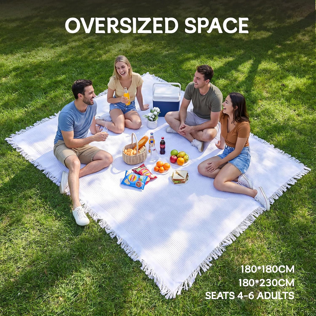 Boho Picnic Blanket with Leather Carry Strap, Extra Large White Outdoor Blanket with Fringe, Portable Sandproof Beach Mat for Camping, Park, Lawn & Photoshoot (71"x 71") (71 x 71 inches)