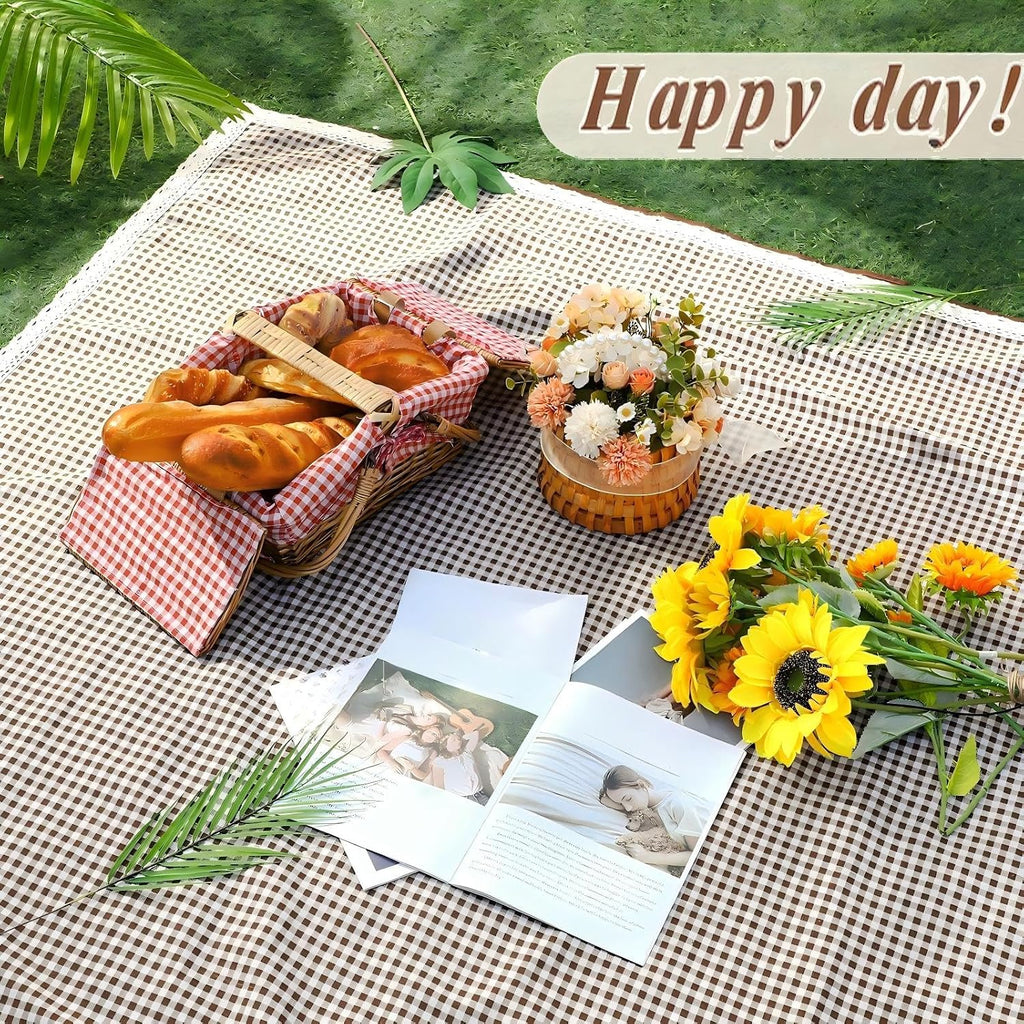 VitalCozy Gingham Picnic Blankets 59x78 in Outdoor Waterproof, Coffee White