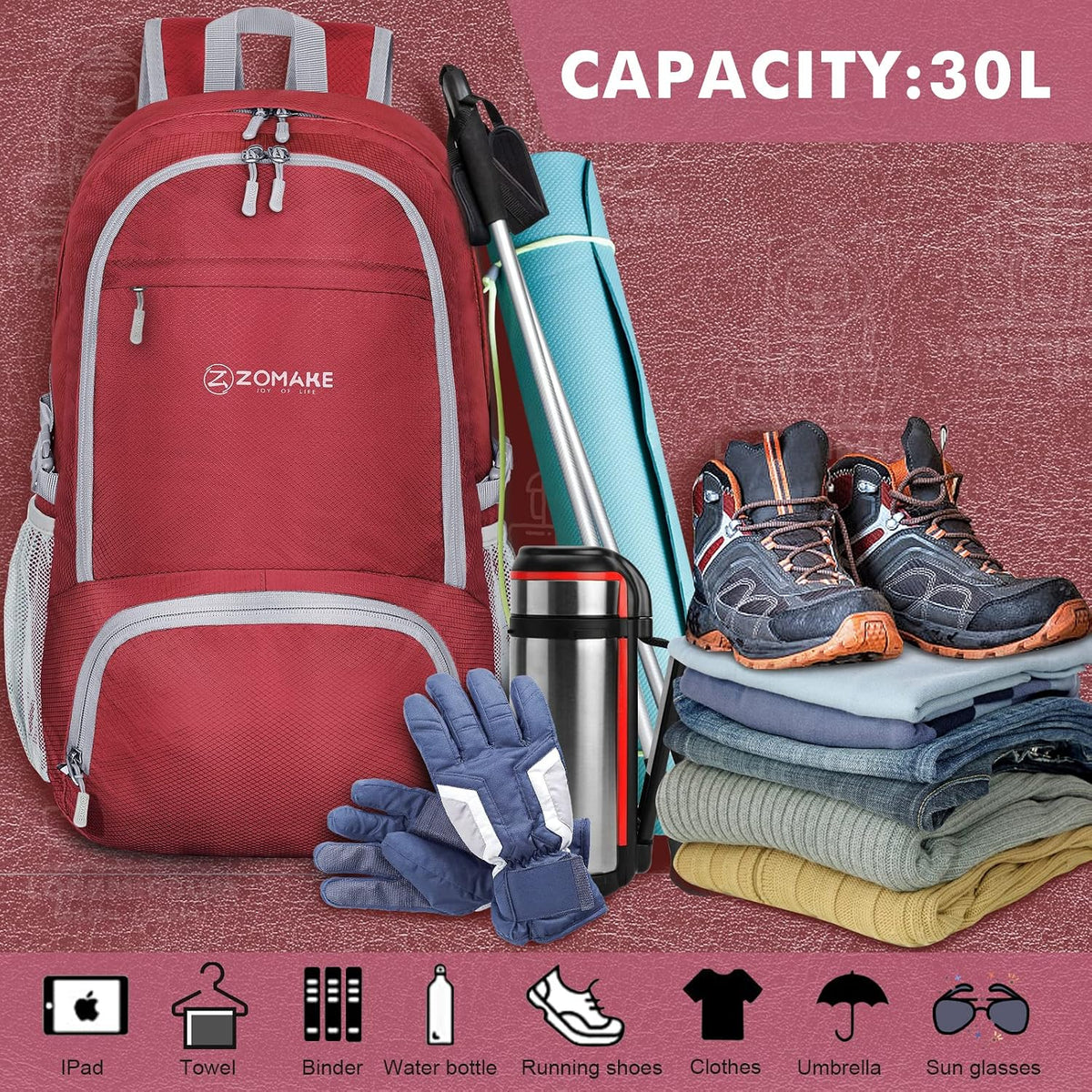 ZOMAKE Lightweight Packable Backpack 30L, Foldable Travel Hiking Daypack