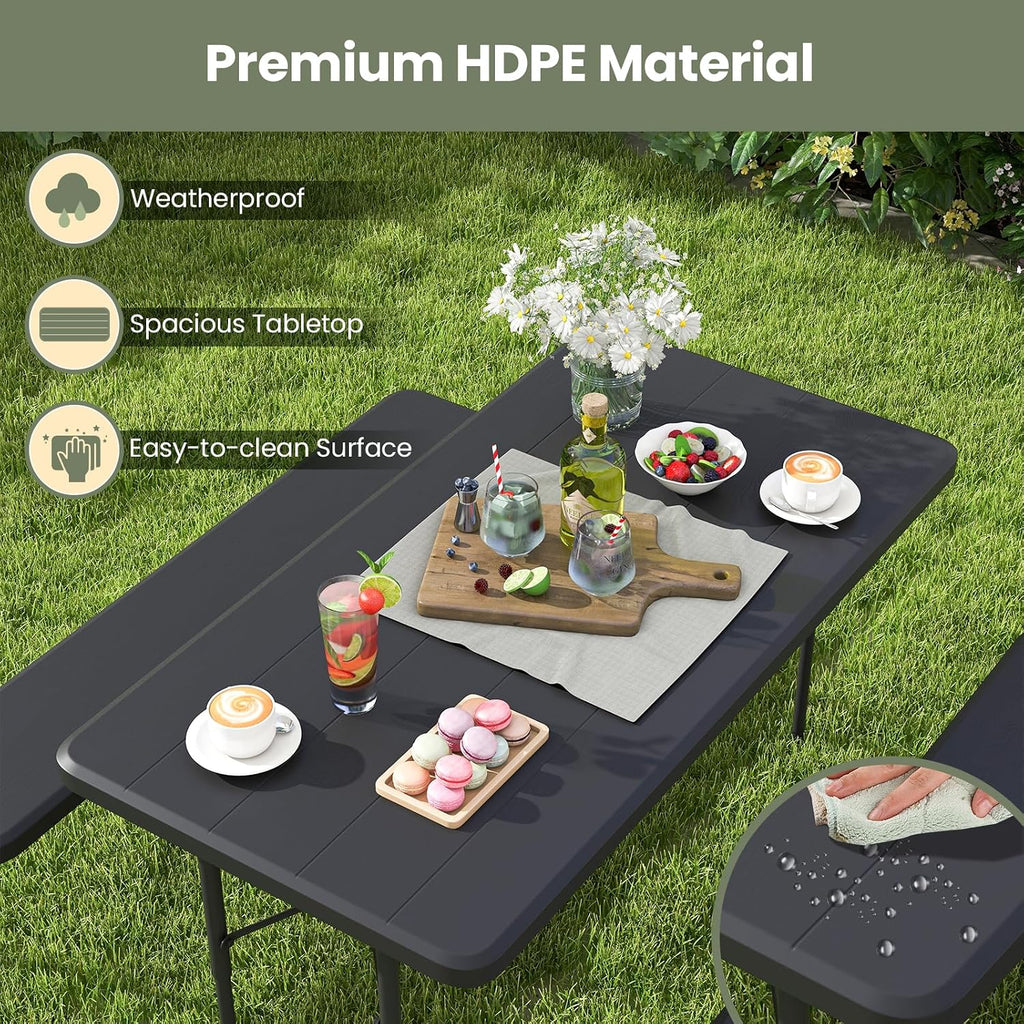 Tangkula Folding Picnic Table with 2 Benches, Outdoor Metal Camping Table Set with Plastic Wood-Like Texture Tabletop & Steel Frame, Foldable Camping Table for Picnic, Party, BBQ (Black)