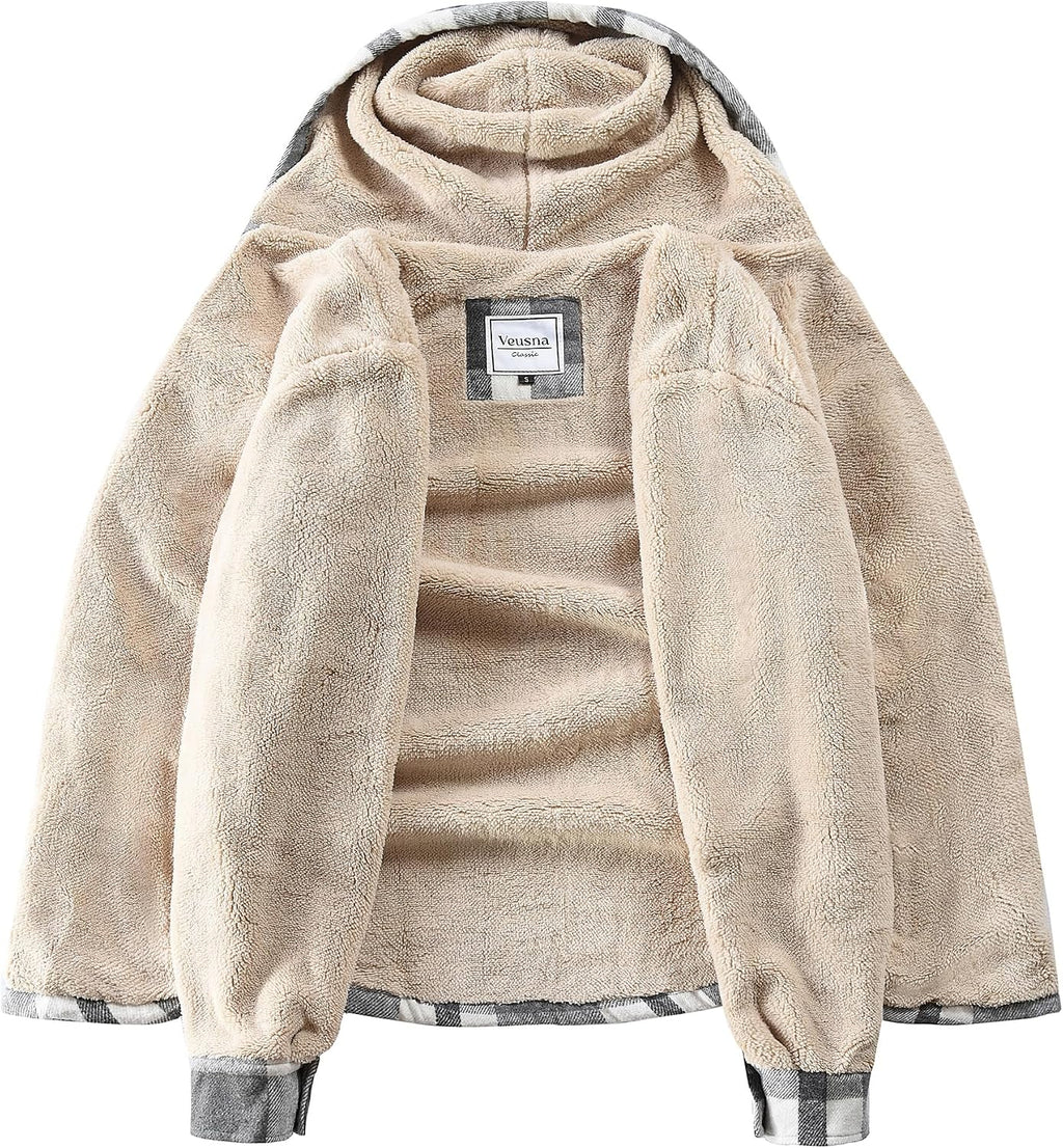 Men's Zip Up Flannel Shirt Jacket Fleece Lined with Hood