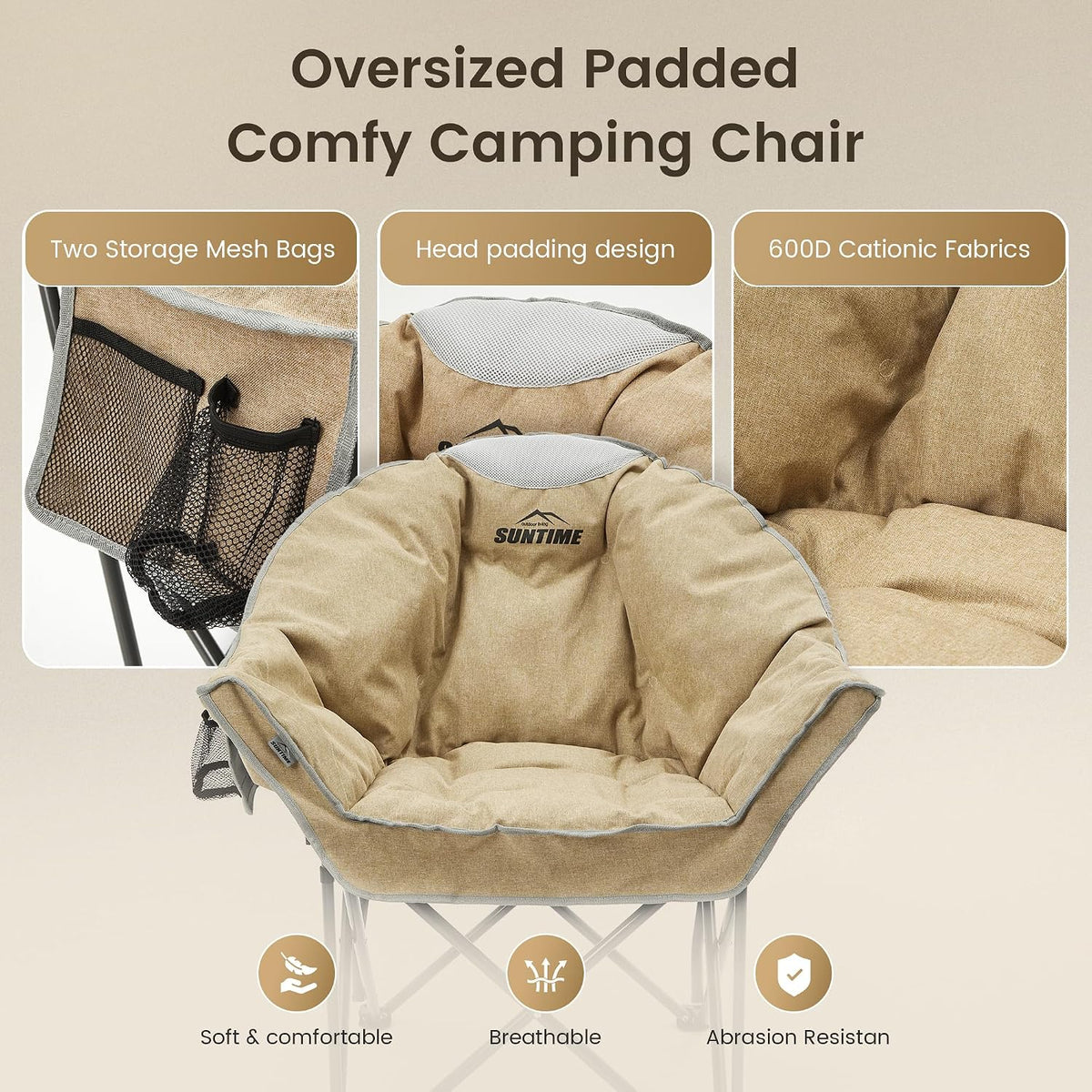 Oversized Padded Comfy Camping Chair for Adults, Portable Padded Lawn Chair, (2 Pack) (Beige)