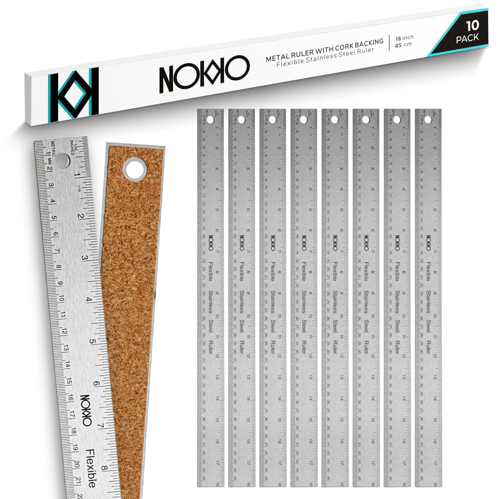 18 Inch Metal Ruler with Cork Backing, Stainless Steel Ruler, Pack of 10