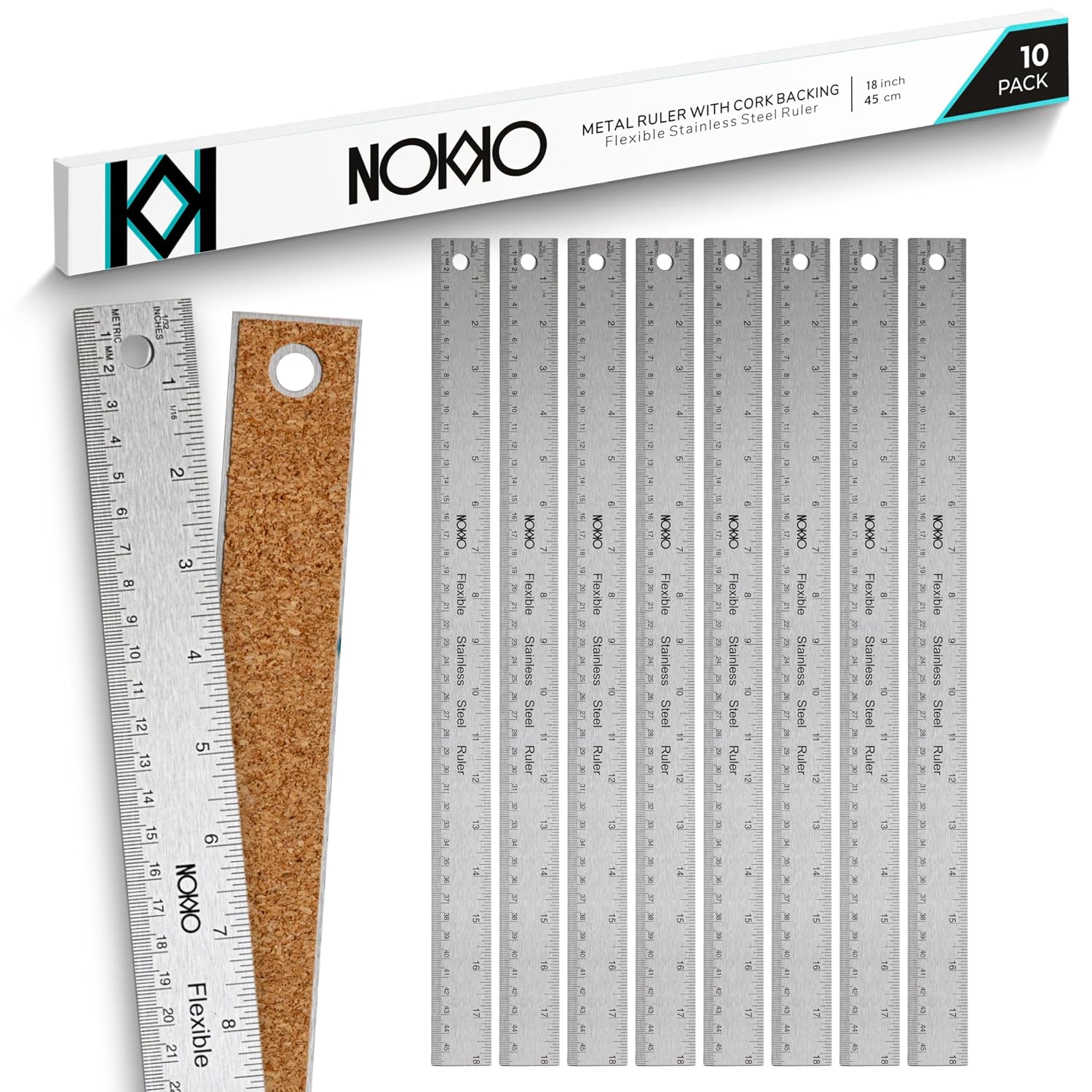 18 Inch Metal Ruler with Cork Backing, Stainless Steel Ruler, Pack of 10