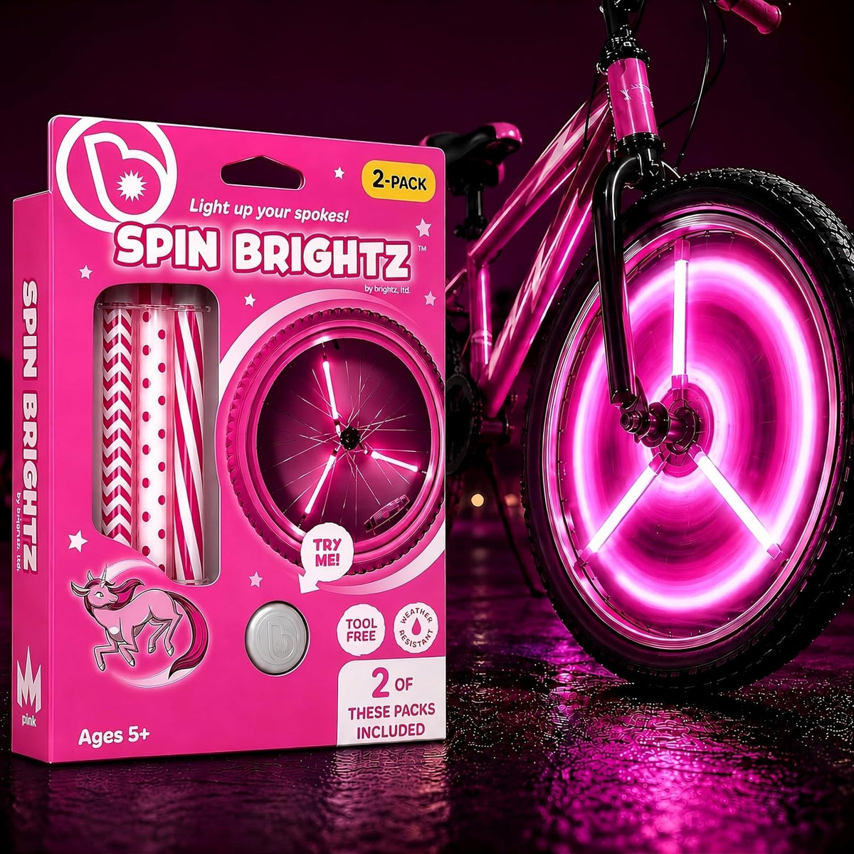 Brightz SpinBrightz LED Bike Wheel Lights, 2-Pack - Kids Bike Lights for Night Riding - Bike Accessories for Boys, Girls & Adult Bikes - Cool Burning Man Bike Lights
