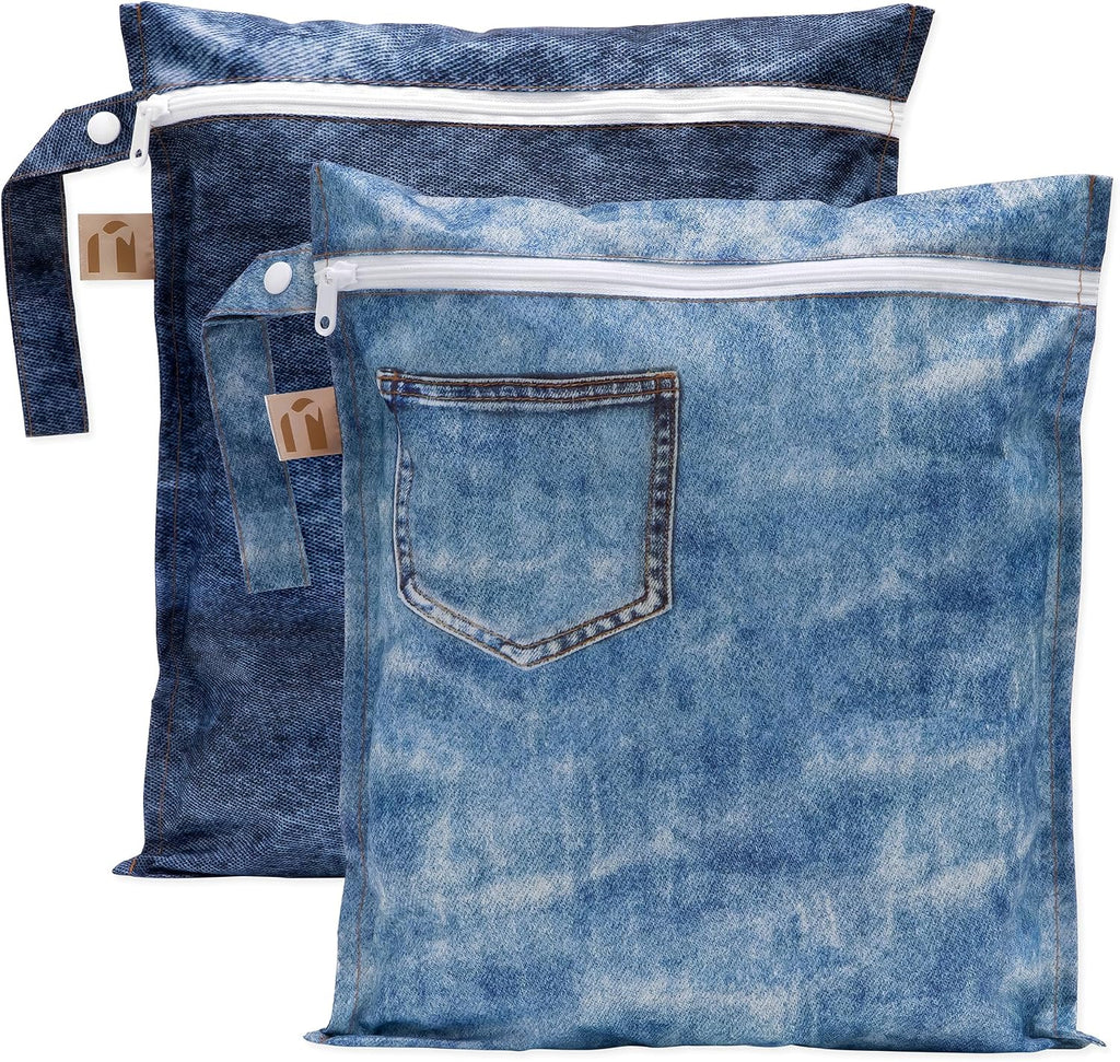 Bumkins Roamio - Waterproof Wet Bag - For Baby, Travel, Swim Suit, Cloth Diapers, Pump Parts, Pool, Gym, Toiletry, Strap to Stroller - Reusable & Easy to Clean - 2pk - Faux Pocket Patch Denim
