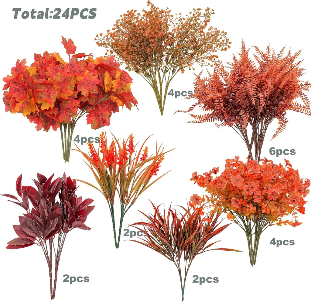 24PCS Artificial Fall Flowers Outdoors, Faux Maples & Mums for Outside