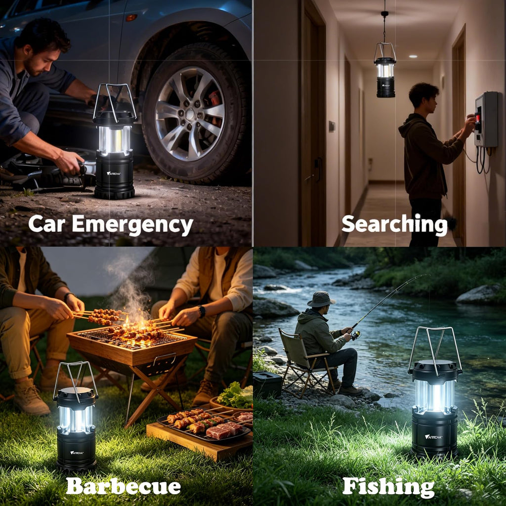 Collapsible LED Camping Lantern, COB Technology, Portable with Handle, Pack of 4, Gray