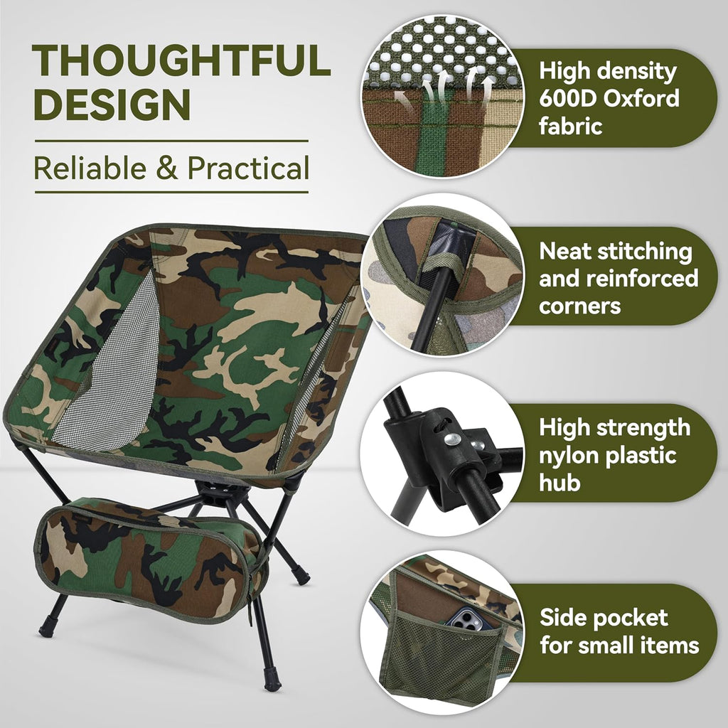 MARCHWAY Lightweight Folding Camping Chair, Portable Foldable Compact for Outdoor Camp, Travel, Beach, Picnic, Festival, Hiking, Backpacking, Supports 330Lbs (Camo)