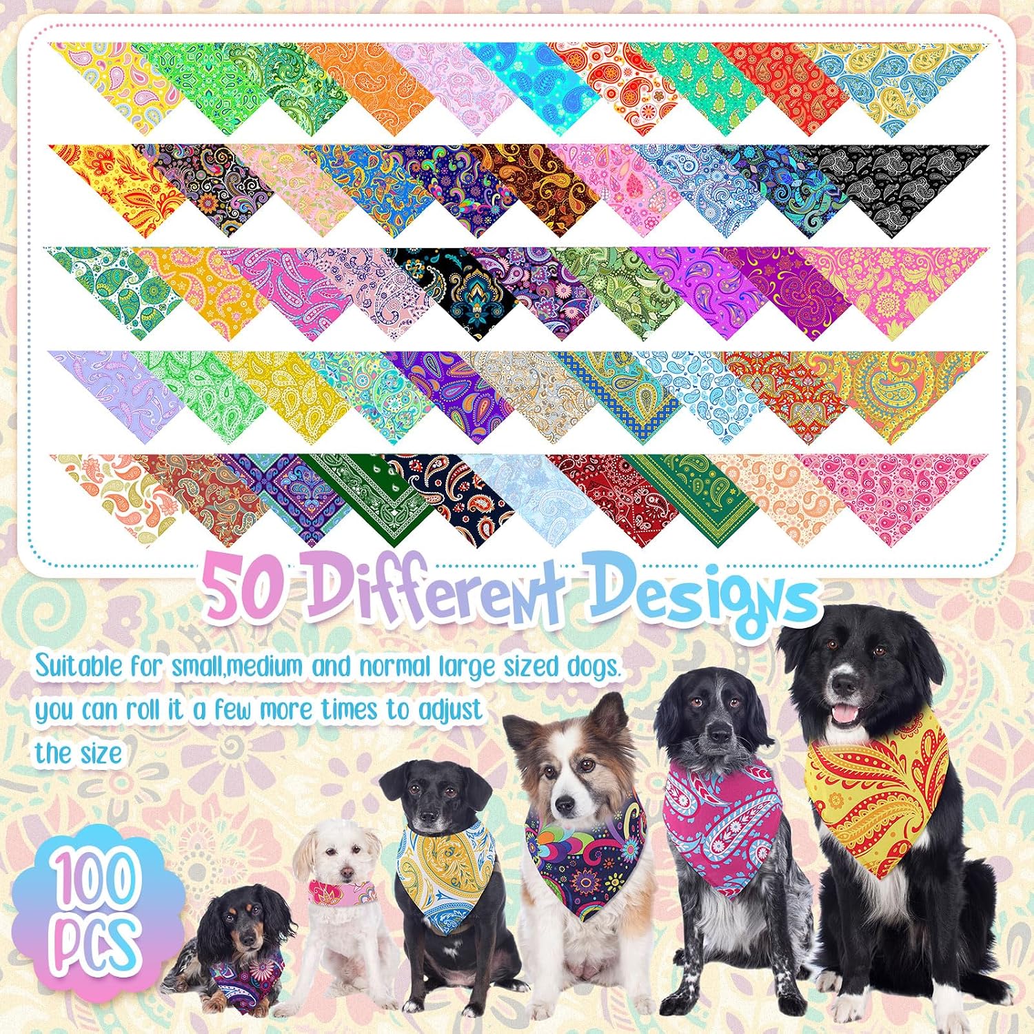 Sanwuta 100 Pcs Summer Paisley Hawaiian Dog Bandana Bulk Pet Triangle Scarf Bibs Bandanas for Dog Washable Kerchief Adjustable Grooming Supplies for Small Medium Large Seasonal Cat Costume Accessories