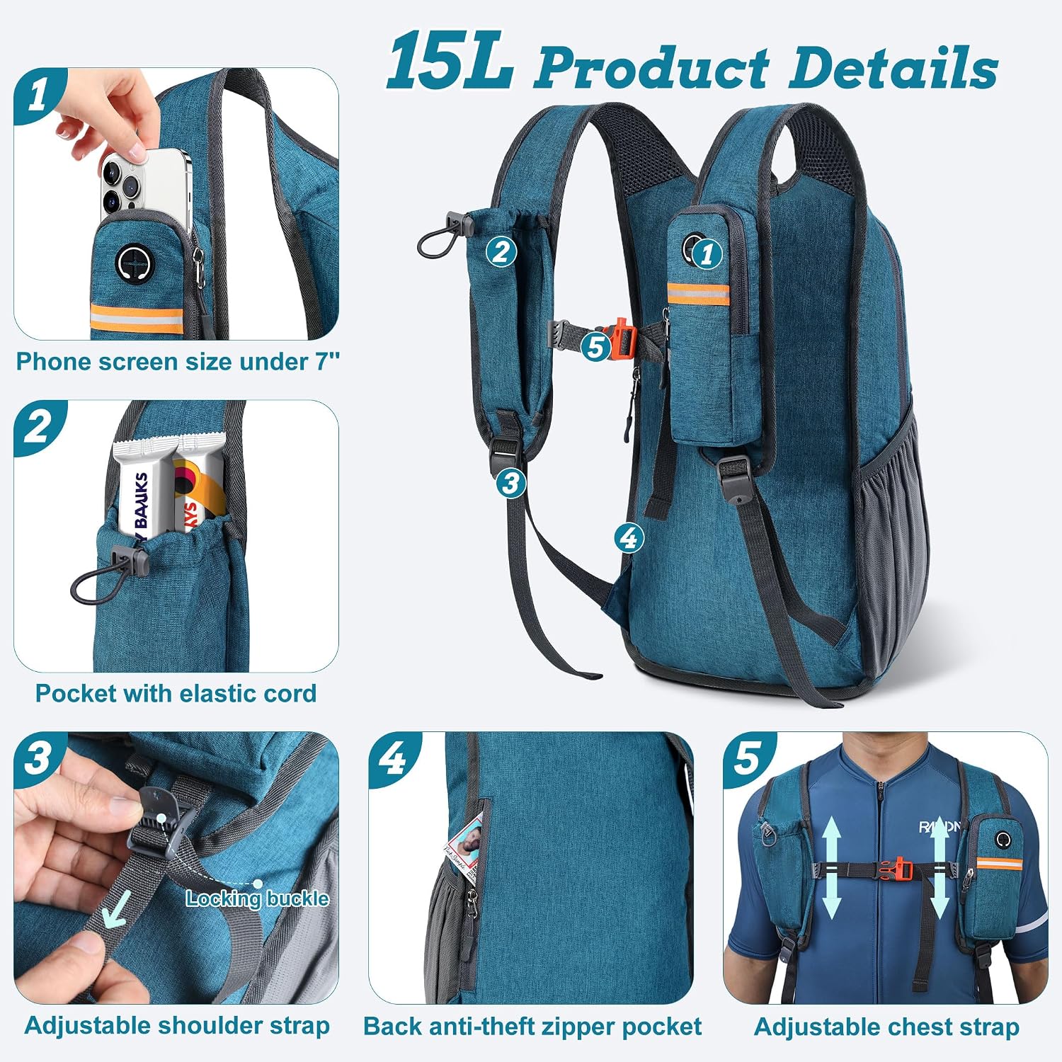 BECOJADDE 15L Small Hiking Backpack for Men Women Foldable Packable Back Pack Ultralight Hiking Daypack for Travel Camping Outdoor, Turquoise