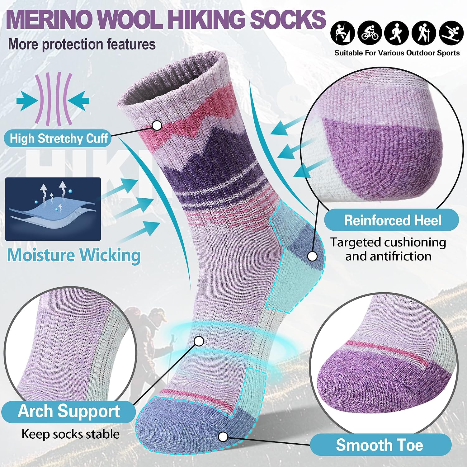Sandsuced Merino Wool Hiking Warm Socks Thermal Winter Cozy Crew with Cushioned Sole & Moisture Wicking 5 Pairs for Women