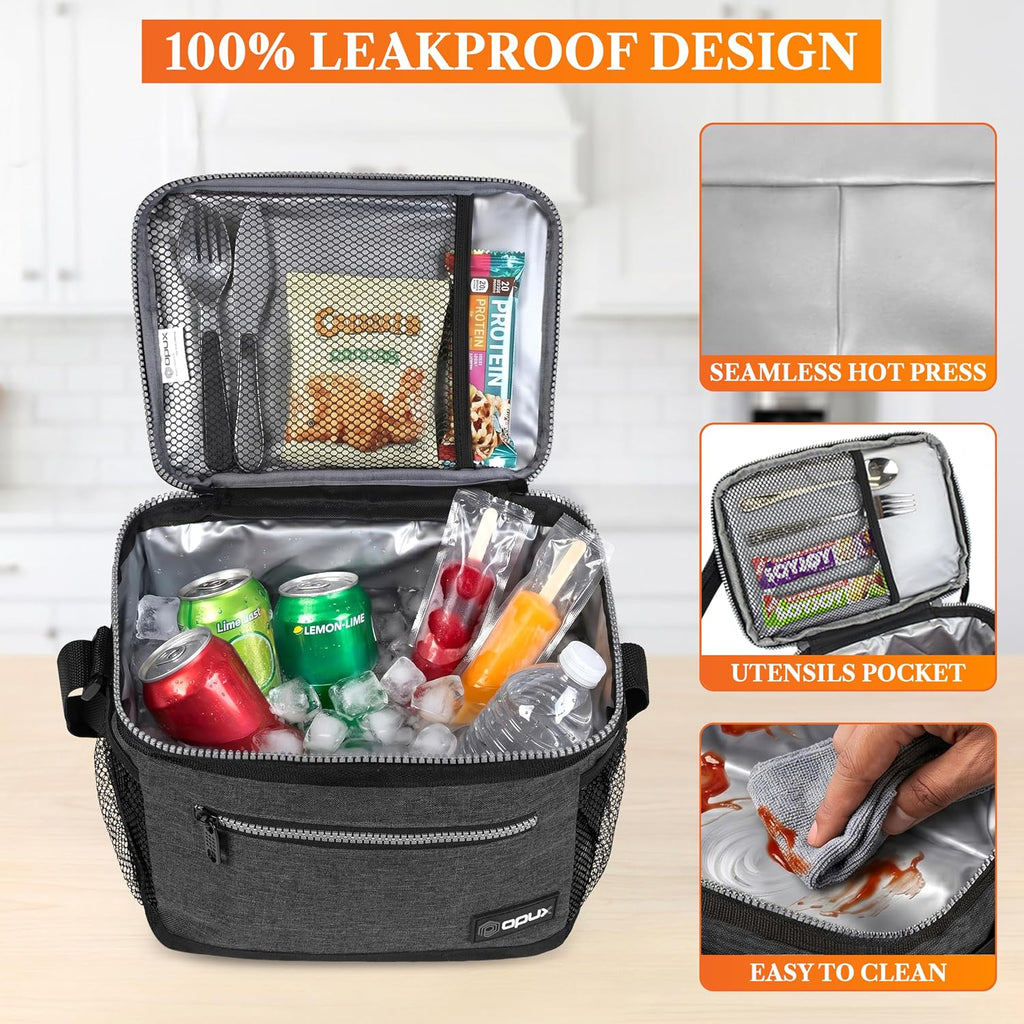 opux Insulated Lunch Bag for Men Women, Leakproof Kids Lunch Box, Charcoal
