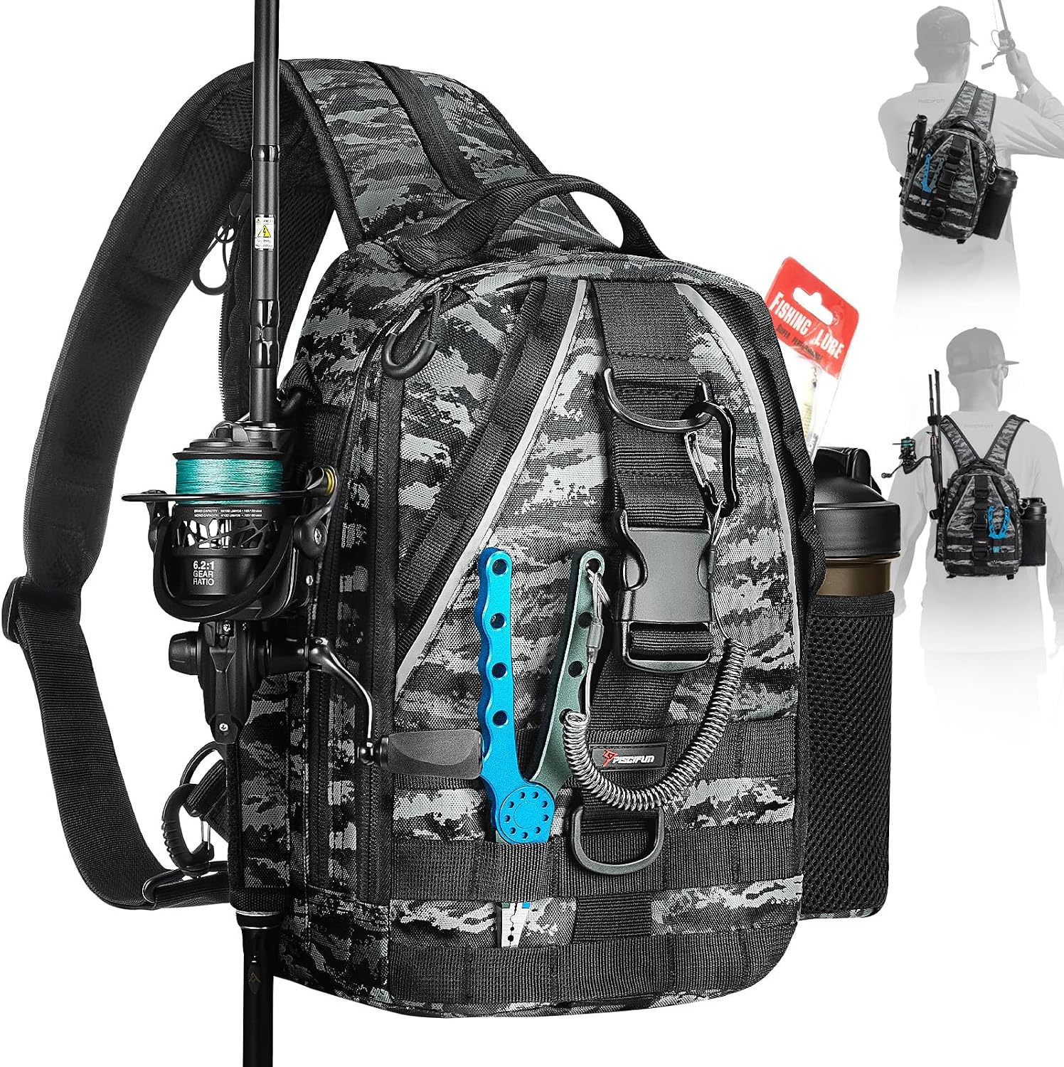Piscifun Fishing Backpack, Rod Holders, Lightweight Sling Bag, Digital Camo