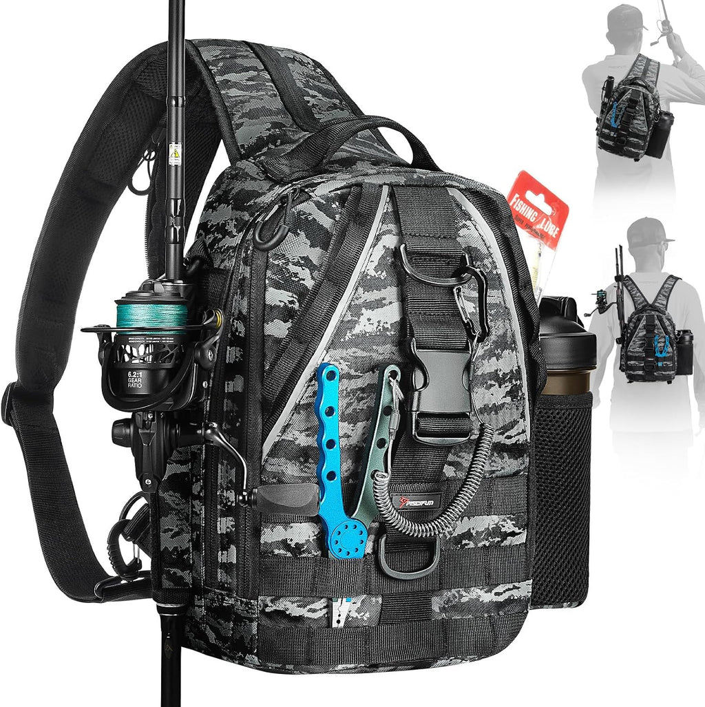 Piscifun Fishing Backpack, Rod Holders, Lightweight Sling Bag, Black Large
