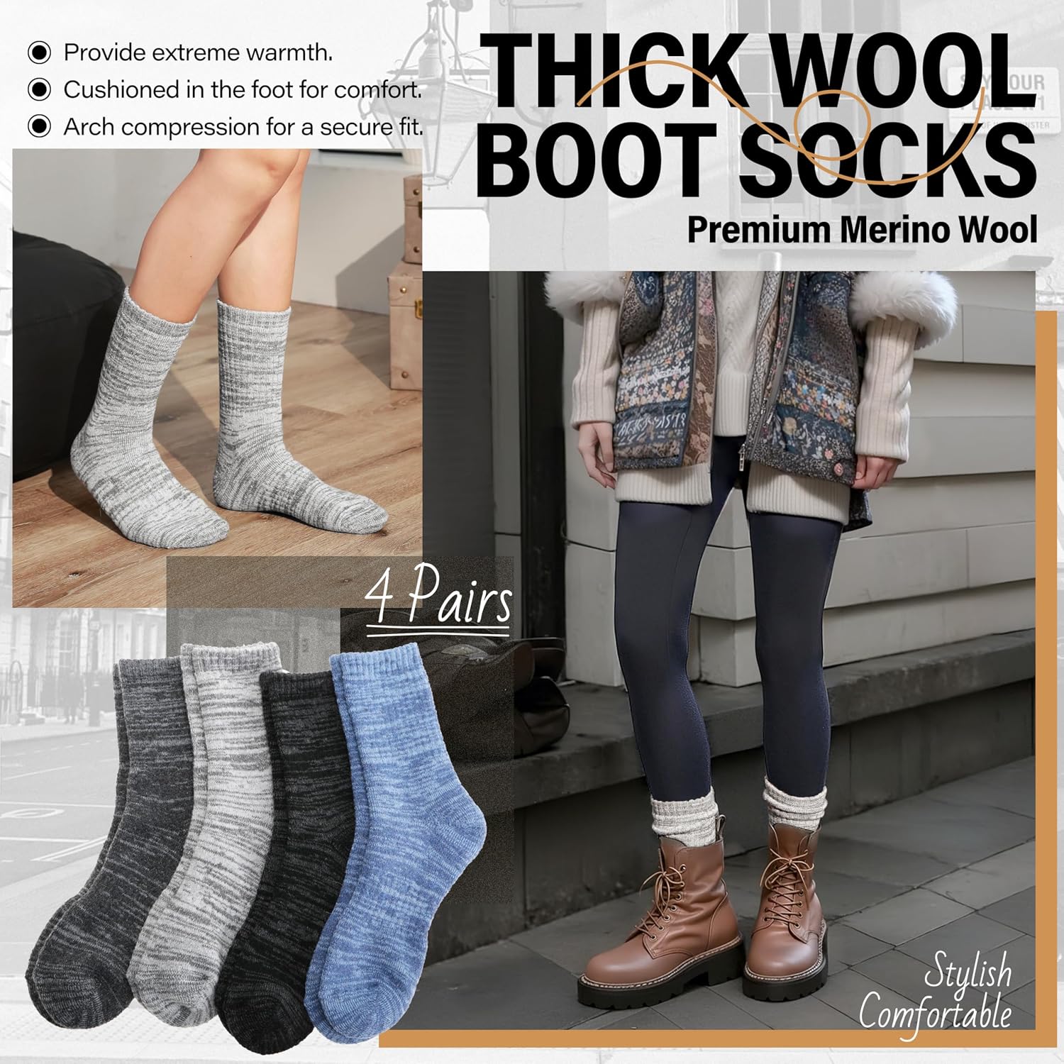 Anlisim Merino Wool Hiking Socks, Boot Crew Work Socks for Women Men