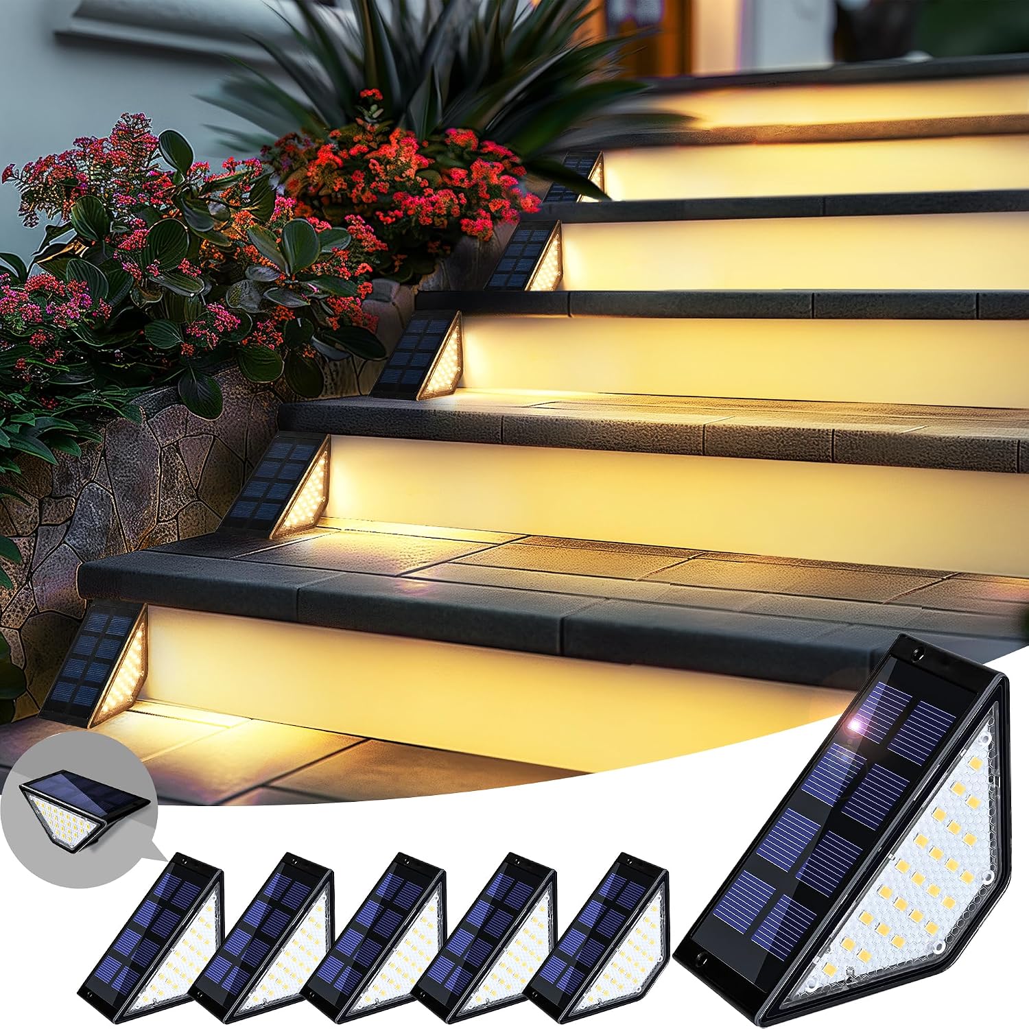 PATIOWIN 6 Pack Solar Step Lights for Outside, 24 LEDs Solar Stair Lights Waterproof IP65, Solar Deck Lights Outdoor Decor for Garden, Porch, Pathway, Patio, Fence(Cold White)