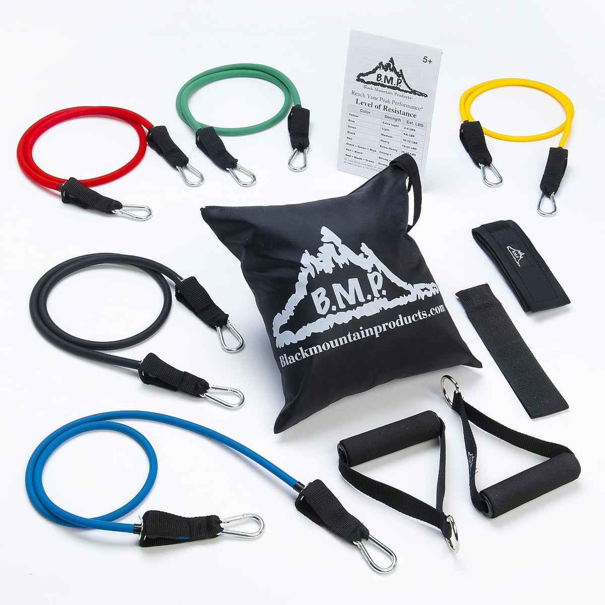 Black Mountain Products Resistance Band Set with Door Anchor, Ankle Strap, Exercise Chart, and Carrying Case, 48"