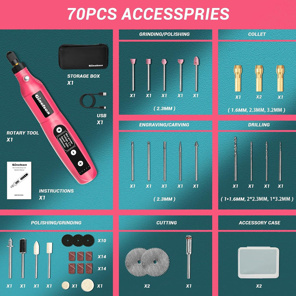 Cordless Rotary Tool, 5 Variable Speed Mini Rotary Tool Kit with 70 Accessories, 3.7V Type-C Charging Power Rotary Tool for Engraving, Sanding, Polishing, Carving, Cutting, DIY Crafts