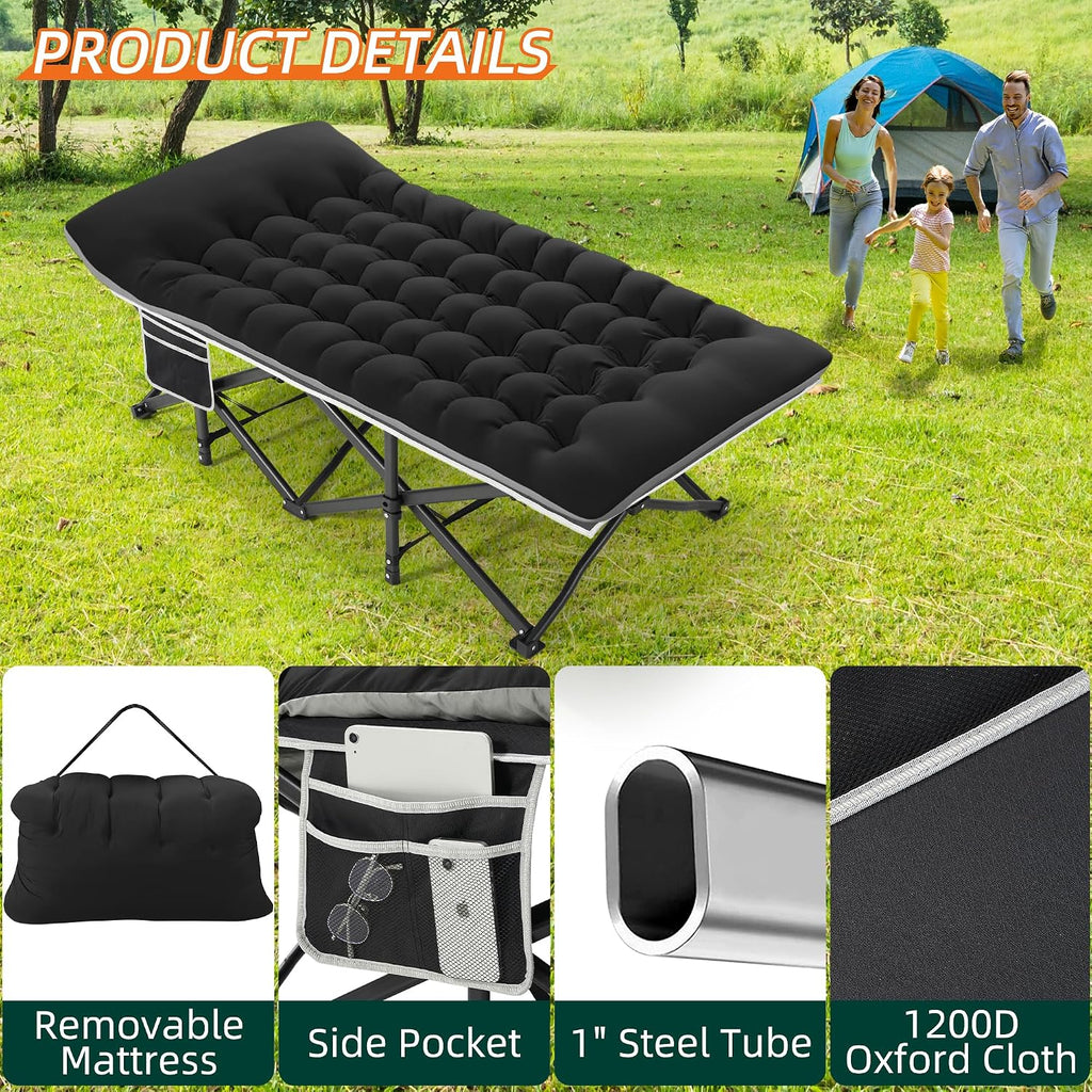Fragess Portable Camping Cot, 32" Extra Wide Camping Cots for Adults with Thick Mattress, Heavy Duty Sleeping Cot Holds Up to 600LBS, Cots for Sleeping, Rv, Beach, Patio, Office Naps(Black)